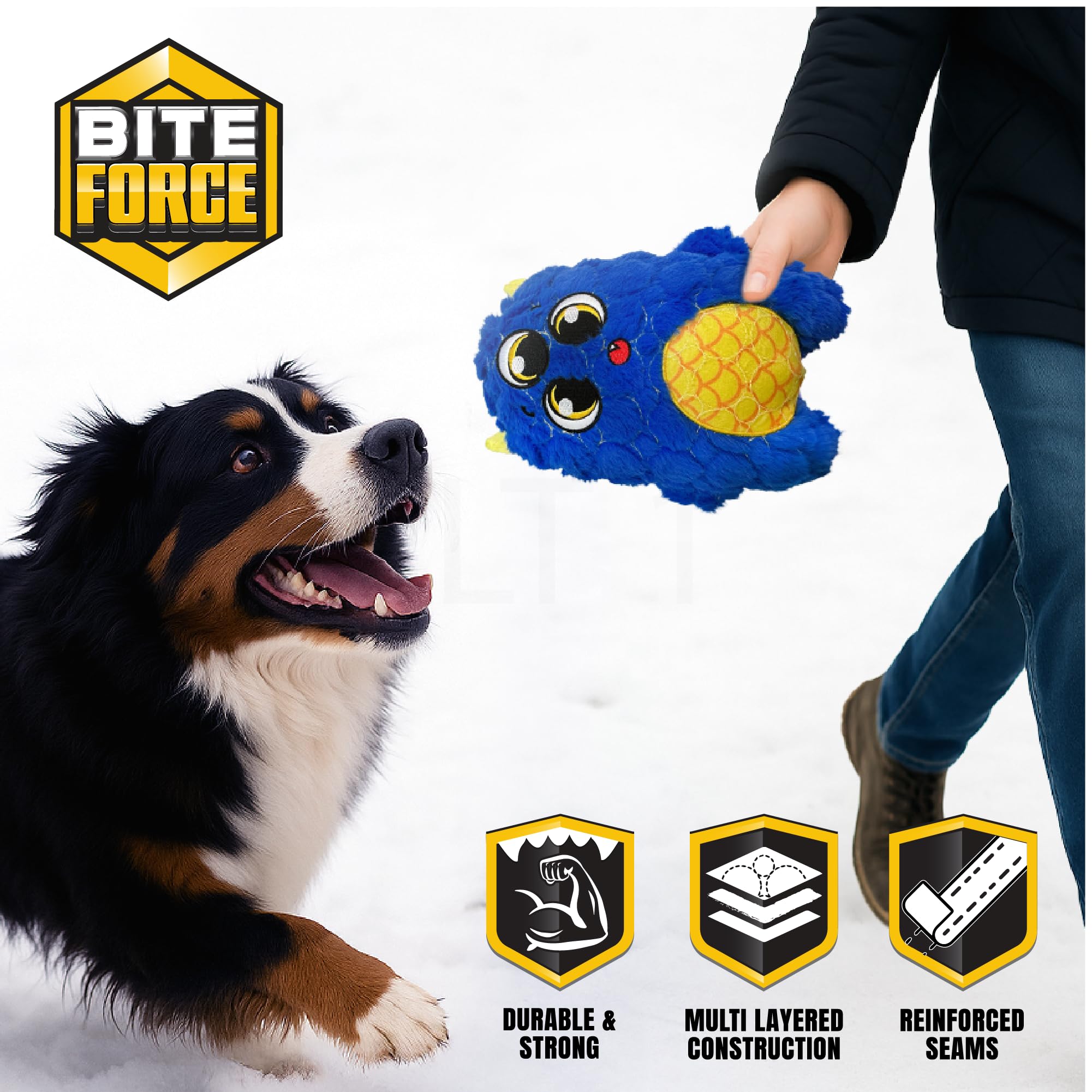 Bite Force - Durable & Strong Dog Toy Blue Furocious Frank Monster with Squeaker, Kevlar-Reinforced Seams for Aggressive chewers