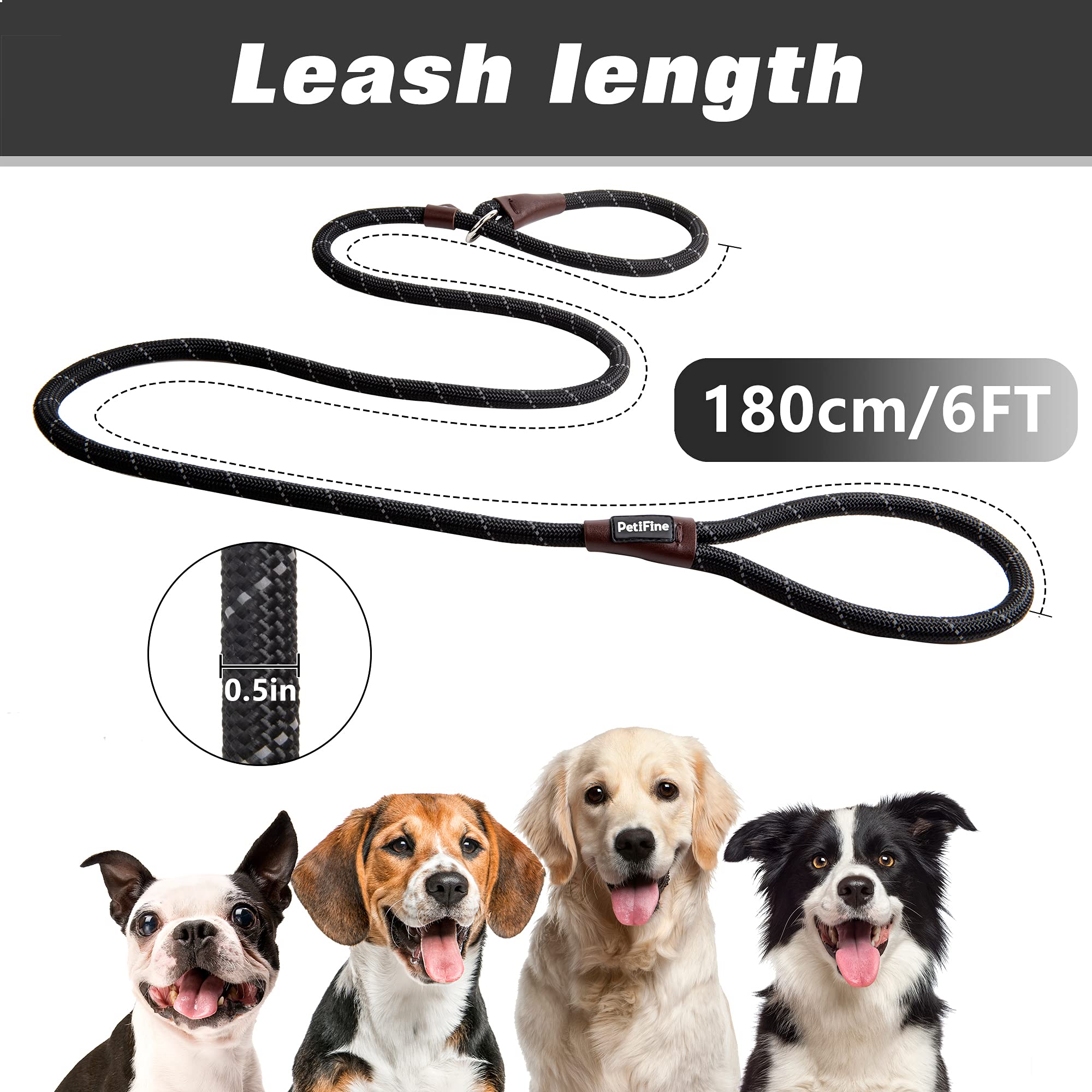 Petifine Slip Lead Dog Leash, Full Reflective Slip Knot Dog Training Leashes, Heavy Duty Adjustable Pet Nylon Slip Loop Leash For Small Medium Large Dogs(Black)