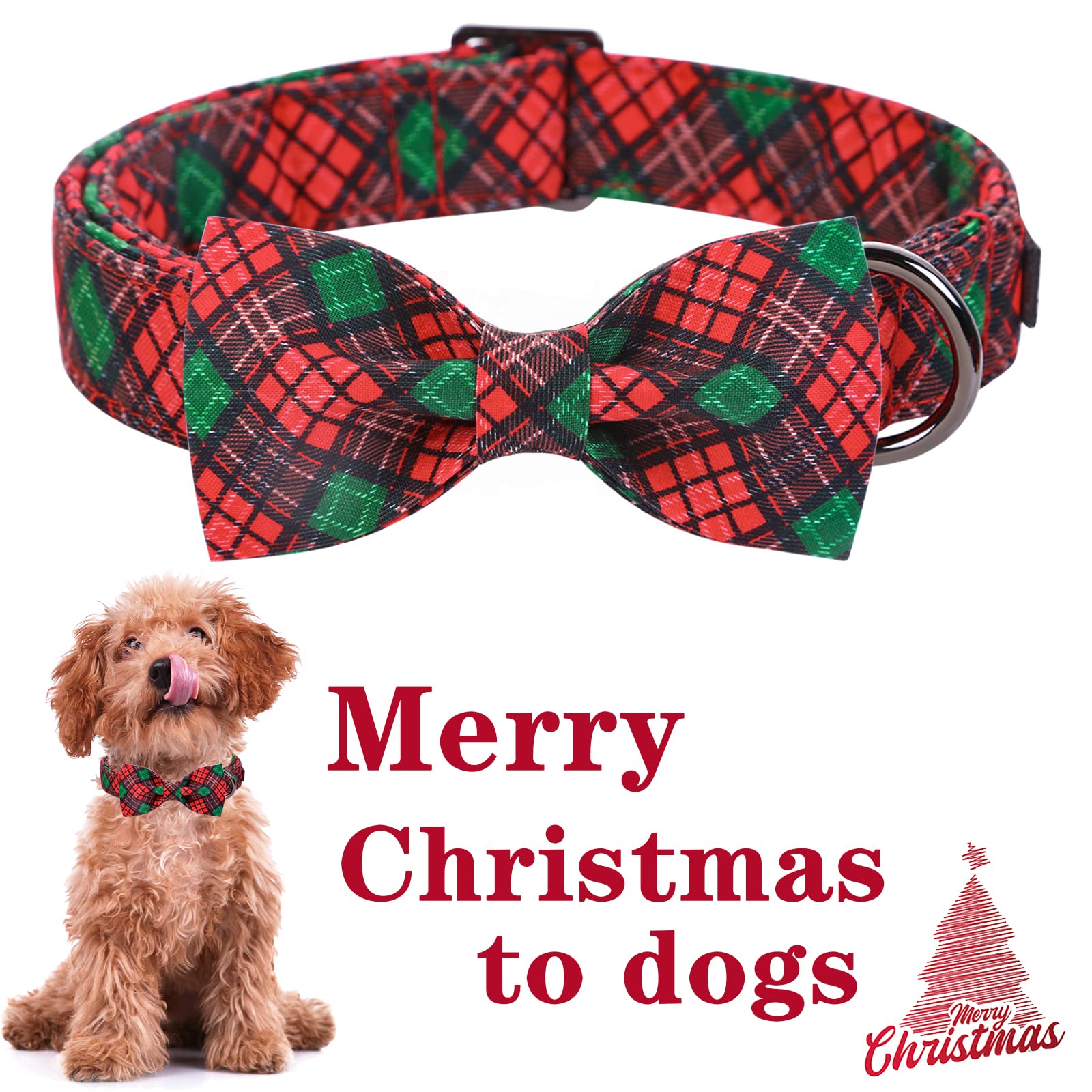Unique Style Paws Christmas Dog Collar With Bow Tie Red Green Plaid Adjustable Cotton Puppy Collar For Small Medium Large Dogs-Xs