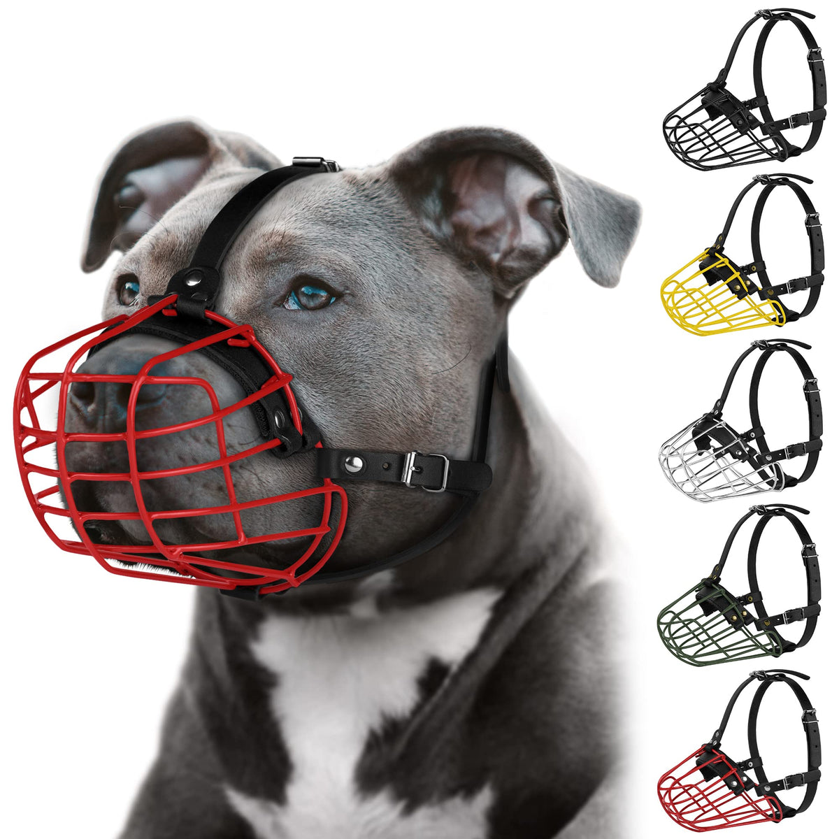 Pitbull Dog Muzzle Metal Mask Amstaff Secure Wire Basket Adjustable Durable Leather Straps For Large Dogs (Large, Red)