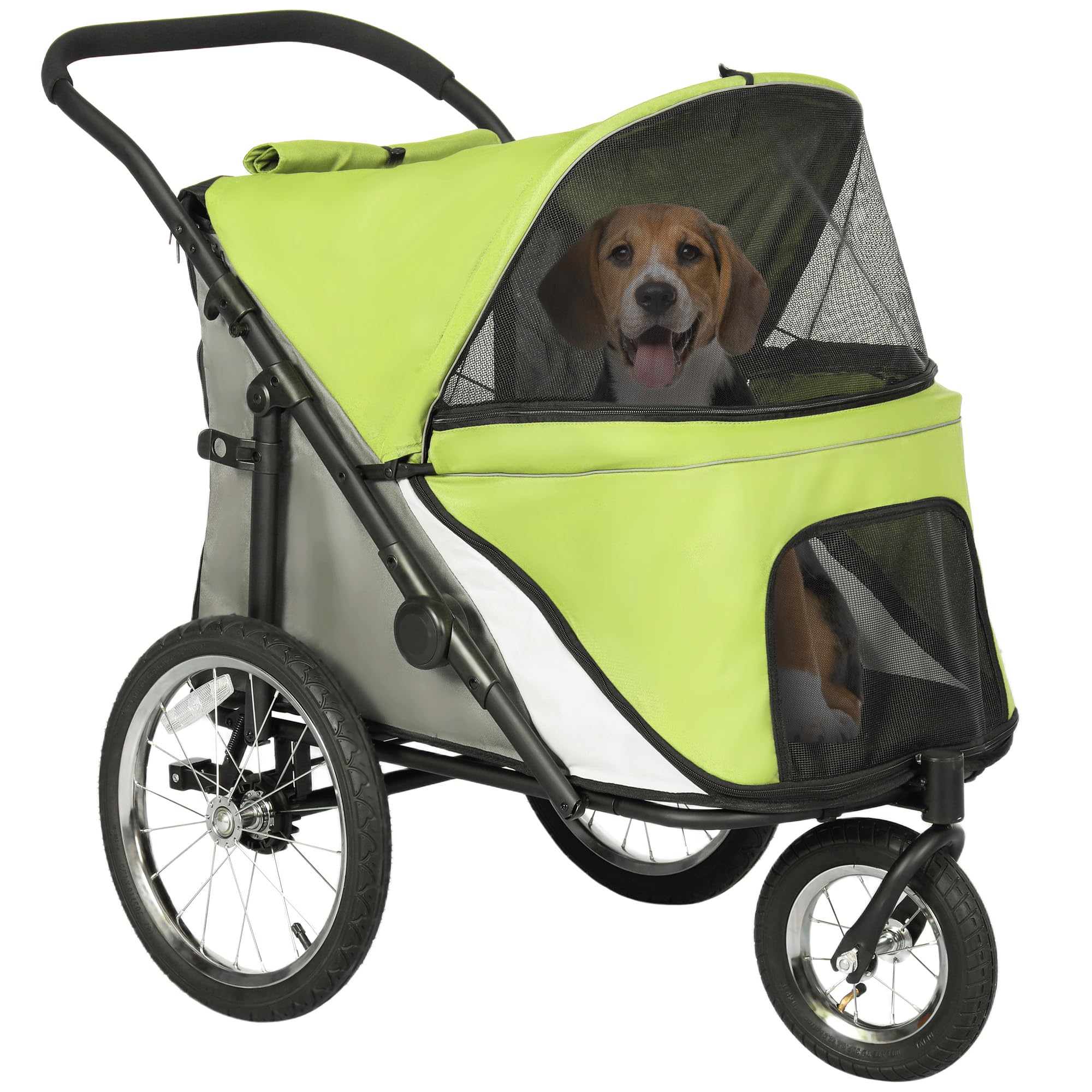 Pawhut Dog Stroller, Pet Stroller 3 Wheels With Easy One-Hand Fold, Rubber Wheels, Storage Bag, Soft Cushion, Safety Leash, For 