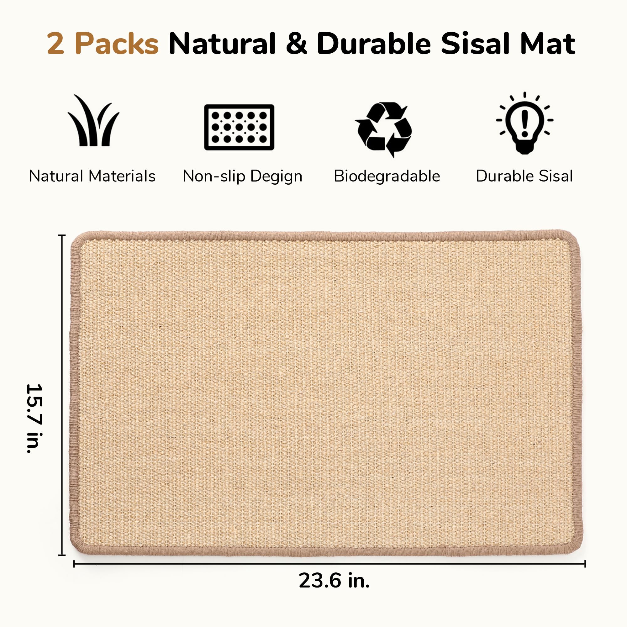 FUKUMARU 2 Packs Cat Scratching Mat, 23.6 x 15.7 Inch Natural Sisal Cat Scratch Pad Mats for Indoor Cats, Horizontal Cats Wall S