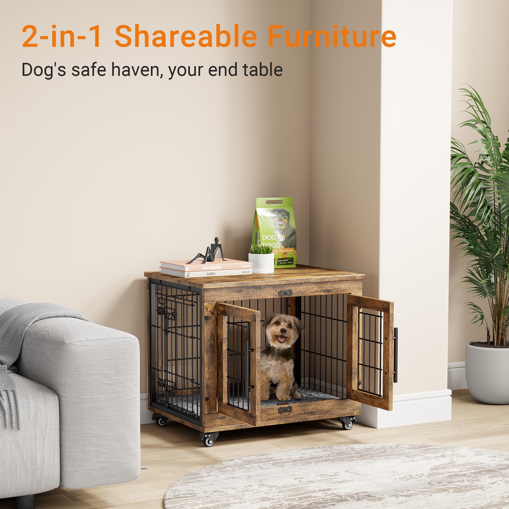Lulive Small Dog Crate Furniture, Dog Kennel Indoor Double Doors Wooden Dog Cage, 27.1 Heavy Duty Dog Crate with Cushion & Whe