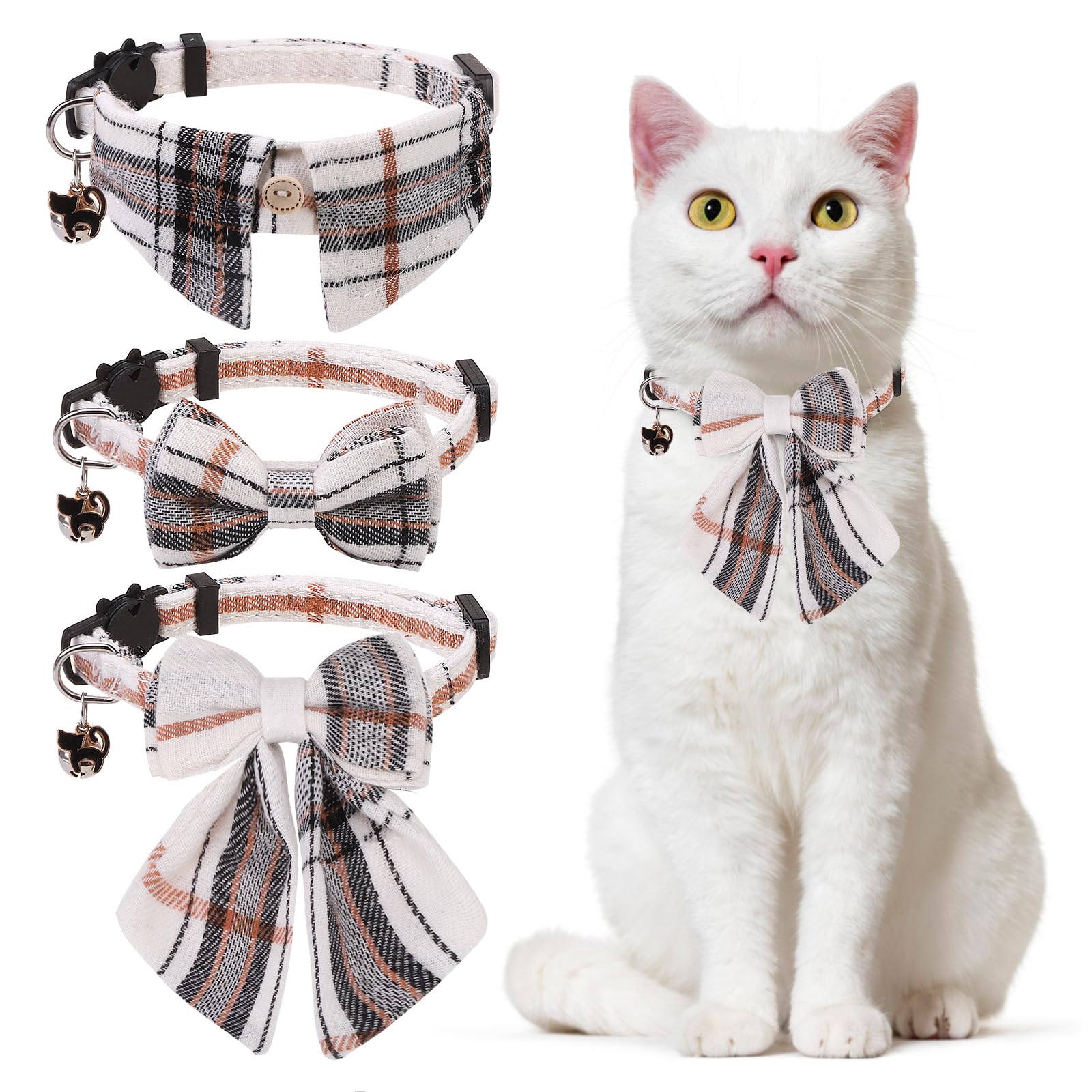 Dillybud Cat Collar With Bells Breakaway, Bowtie Cat Collar For Boy Girl Cats With Removable Shirt Collar, Cute Plaid Kitten Col