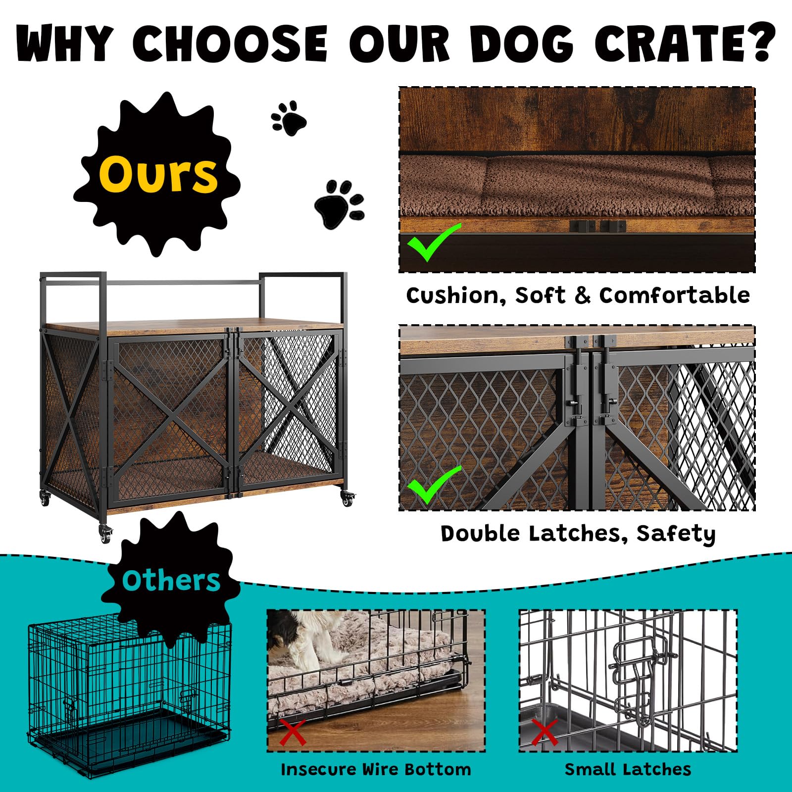31 Inch Dog Crate Furniture, Heavy Duty Dog Kennel Table with 360 Swivel Wheels, Double Doors, 4 Latches, Vintage Farmhouse Dog