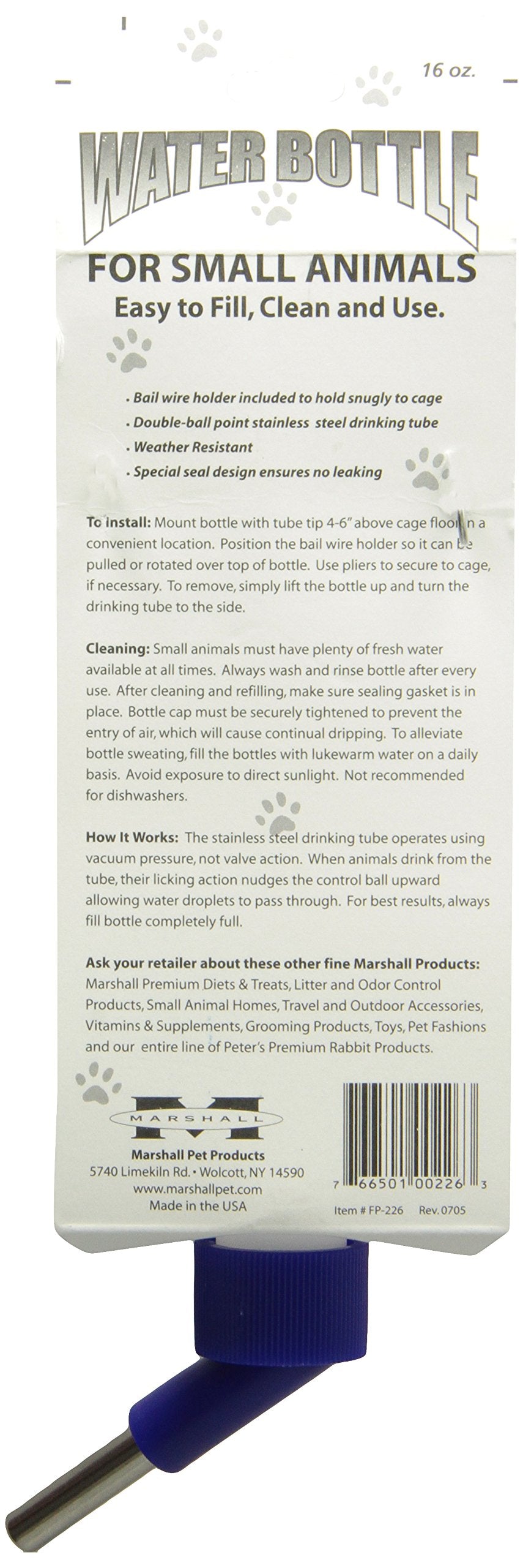 Marshall Pet Products 572007 Water Bottle For Small Animals Clear, 16 Oz