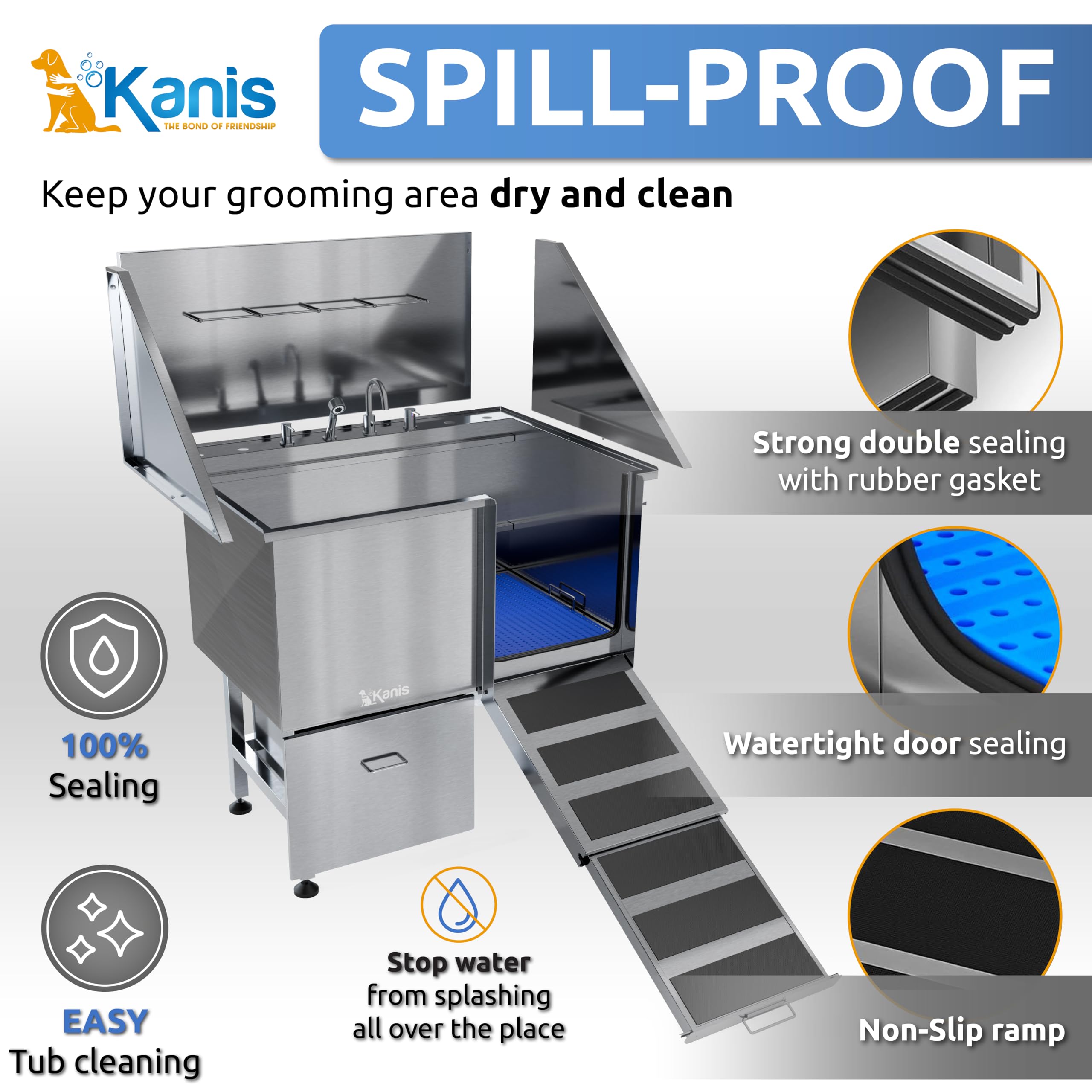 Kanis Professional Stainless Steel Dog Bathing Station - Grooming Tub W/Ramp, Storage Drawer, Floor Grate & Faucet/Dog Bathtub F