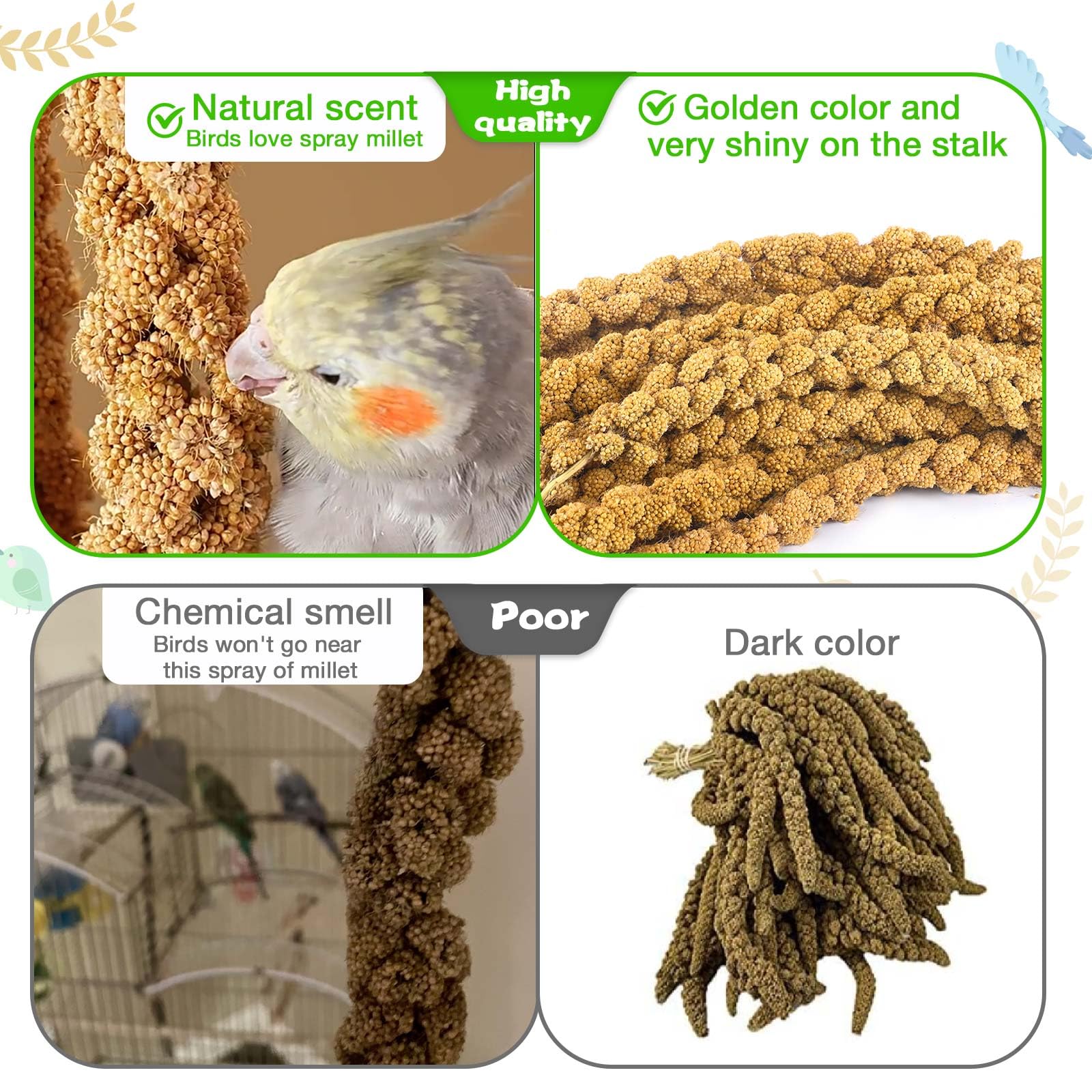 Millet for Birds 2.4LB, Natural Sun-Dried Millet Spray for Birds Seed No Stems Only Edible Tops for Parakeet, Budgies, Finches,