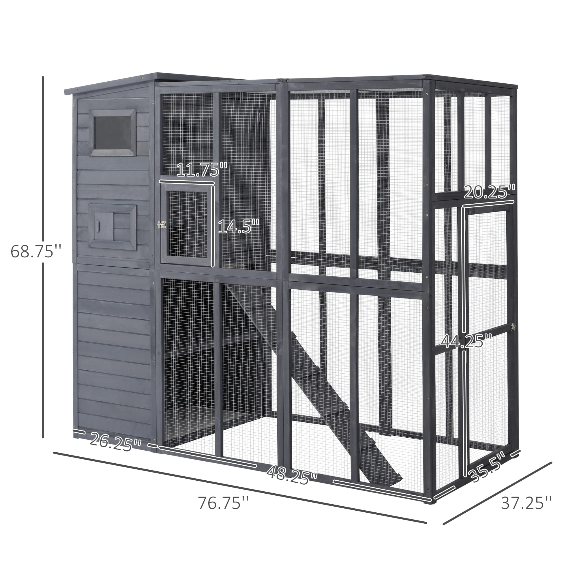 PawHut Large Cat House Outdoor Catio Wooden Feral Cat Shelter, Kitten Enclosure with Door, Cat Condo and Weather Protection Asph