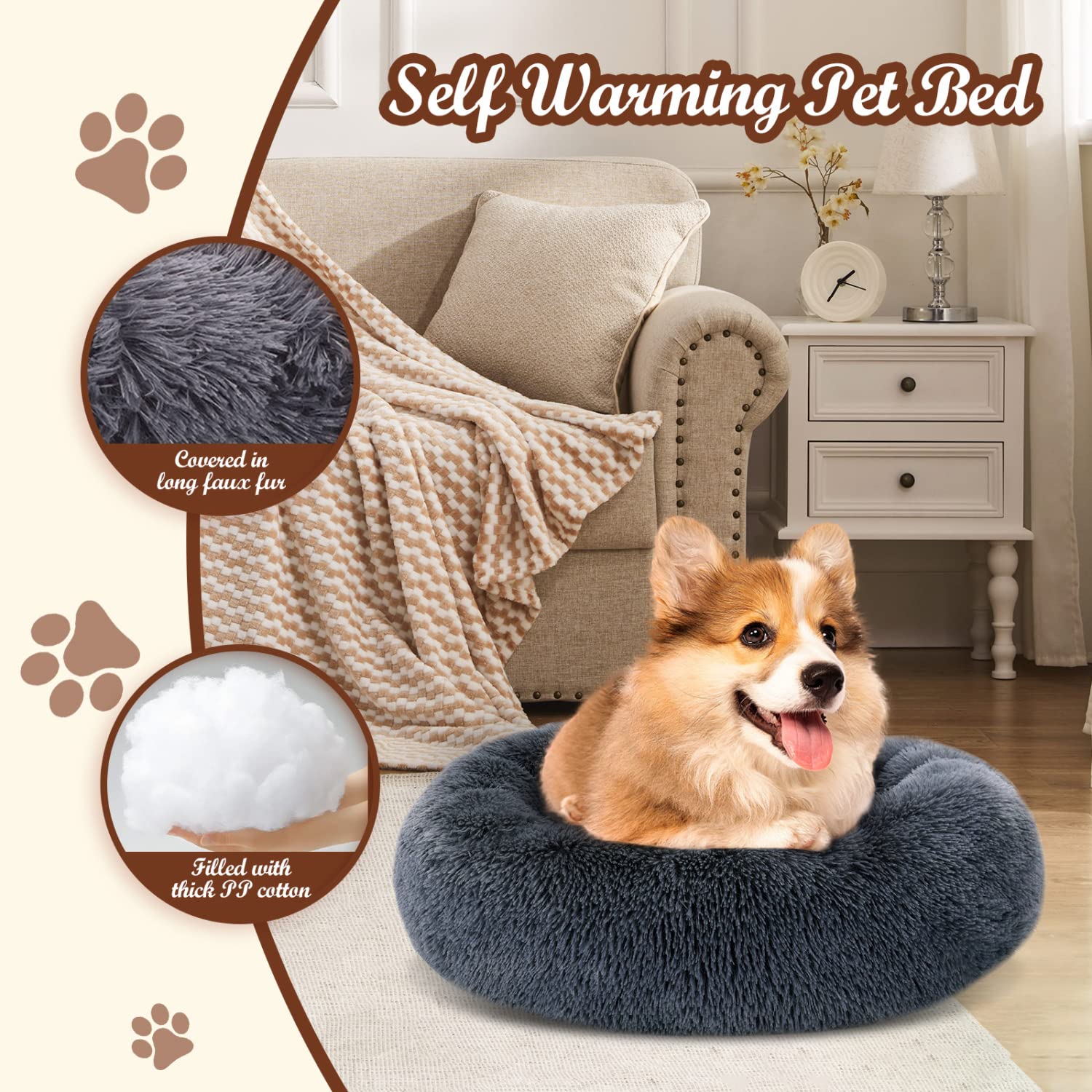 Nobleza Dog Bed For Small Dogs, Washable Soft Round Fluffy Donut Self-Warming Cat Calming Bed, Anti-Anxiety Cuddler For Indoor S