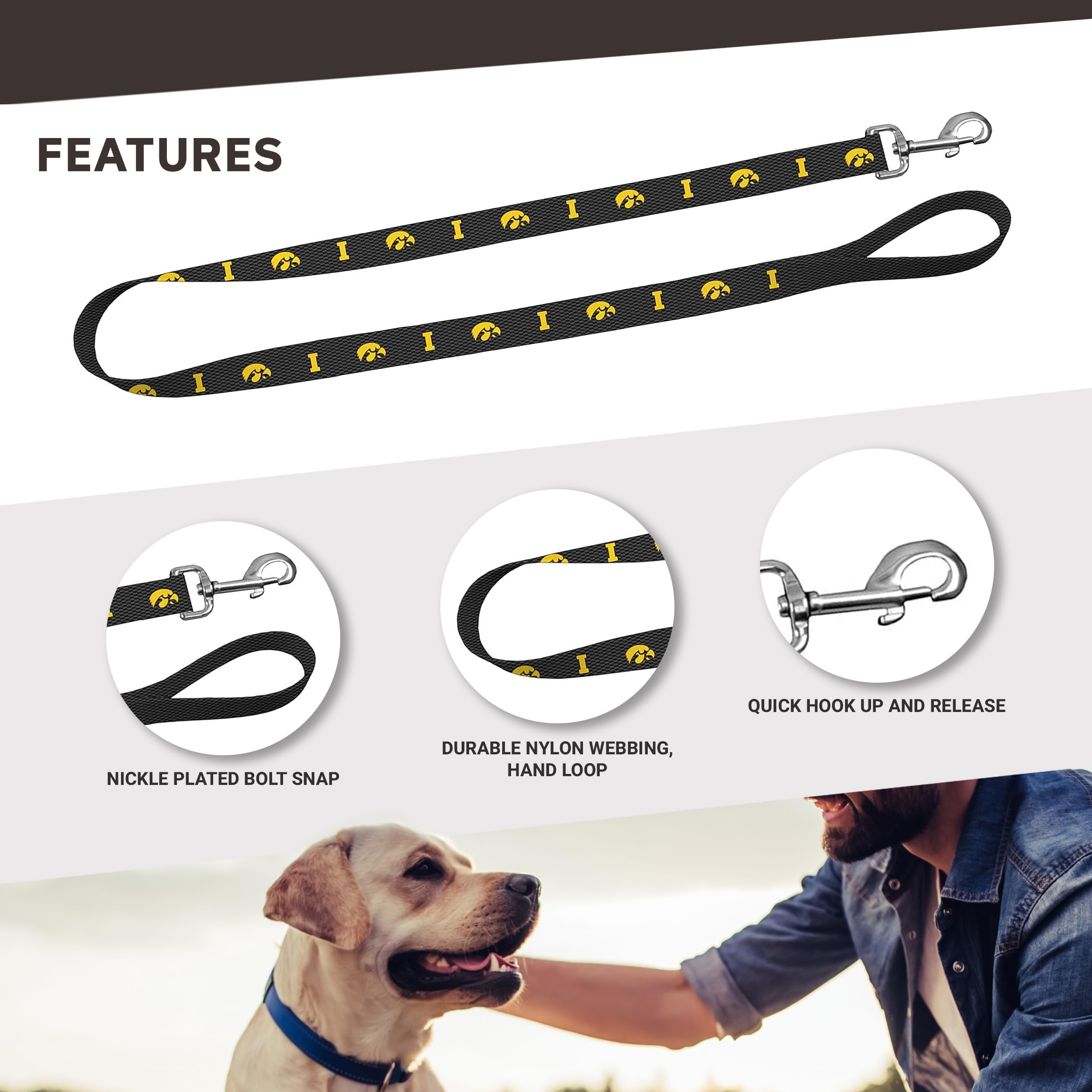 Moose Pet Wear Dog Leash - University of Iowa Hawkeyes Pet Leash, 1 Inch Wide x 6 Feet Long, Hawk on Carbon Fiber