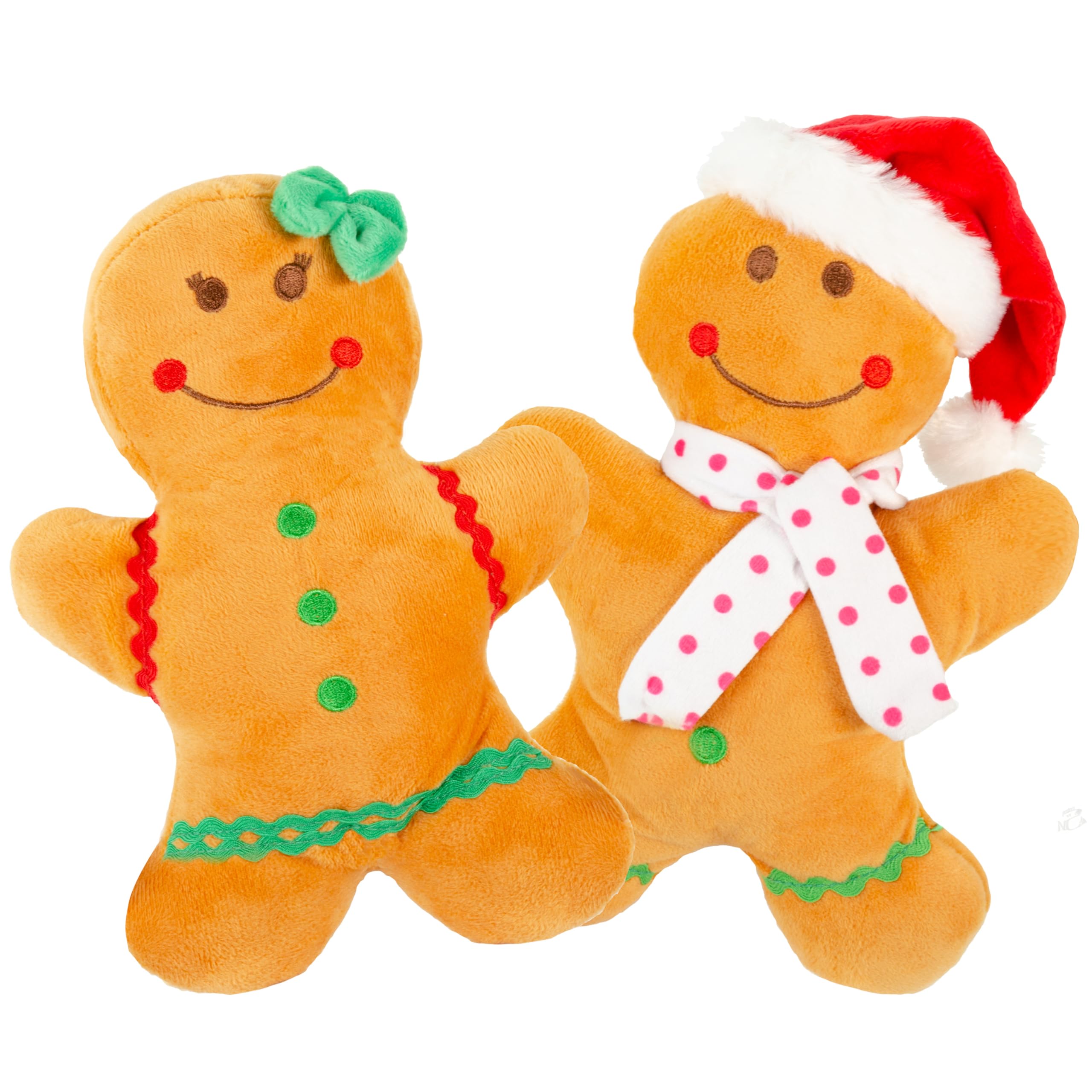 Holiday Plush Pet Toy Fun For Christmas Designs With Squeaker Dog Chew Toy (9'' Gingerbread 2 Pcs)