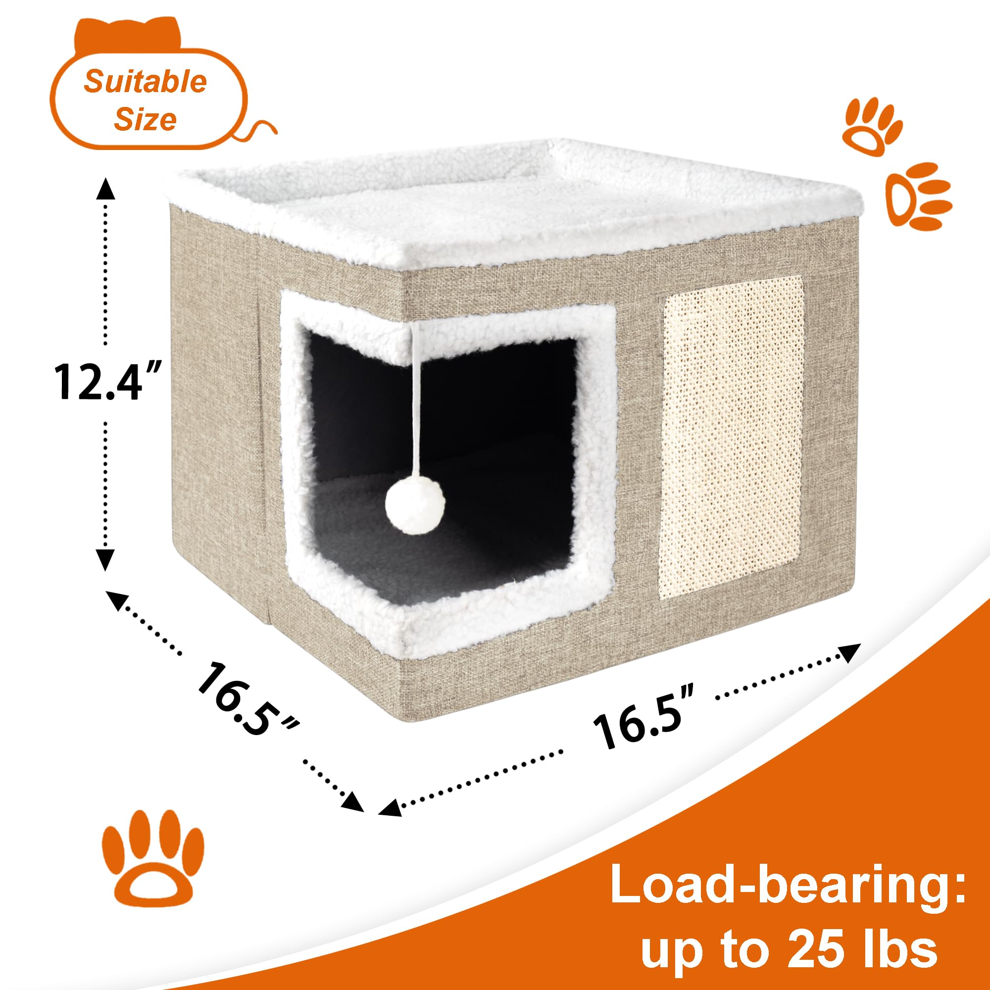 Loyareal Cat Houses for Indoor Cats - Large Cat Bed Cave with Scratch Pad and Fluffy Ball, Foldable Cat Condo Hideaway with Reve
