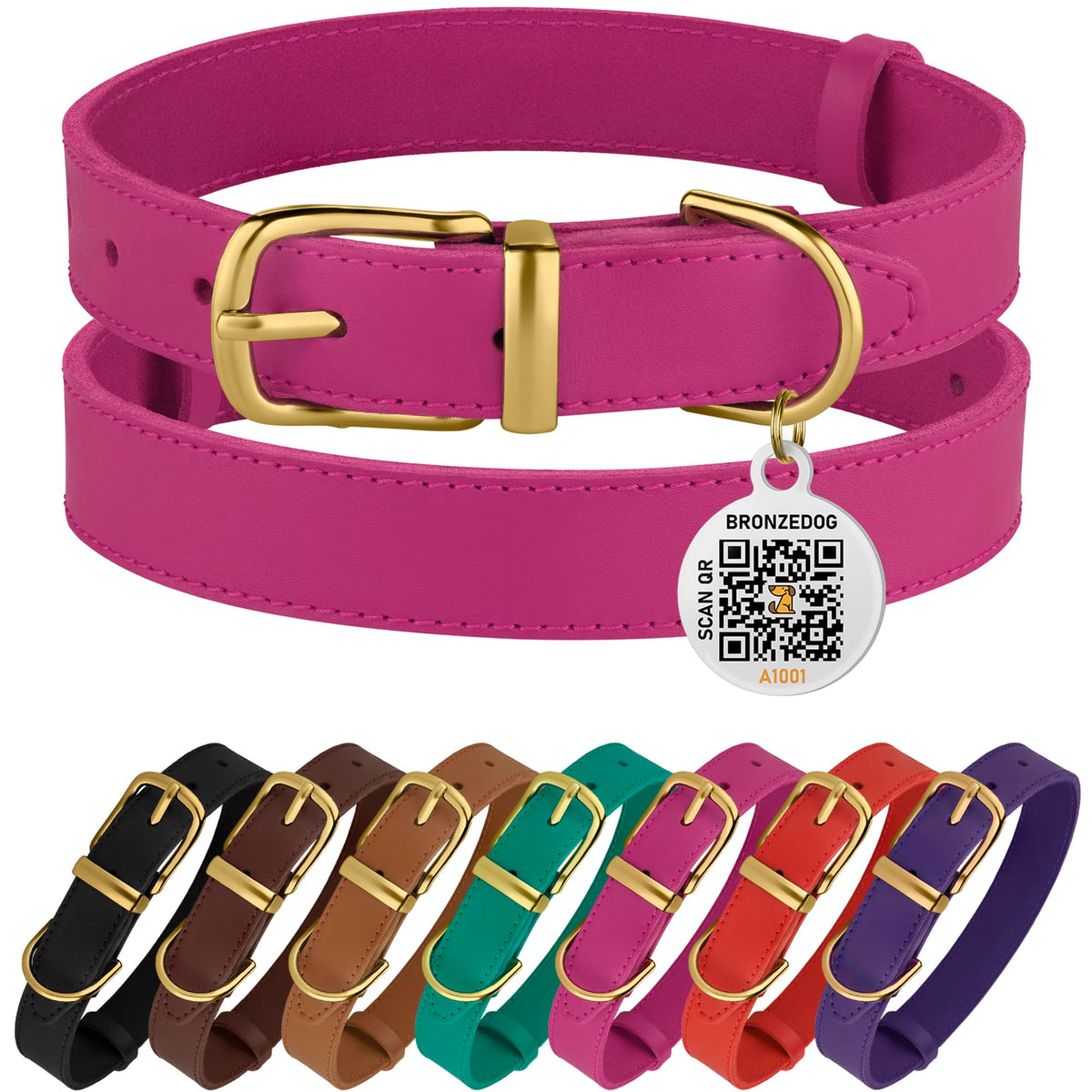 Bronzedog Leather Dog Collar With Metal Buckle Durable Basic Pet Collars For Small Medium Large Dogs (14-17 Inch (Pack Of 1), Pink & Gold Buckle)