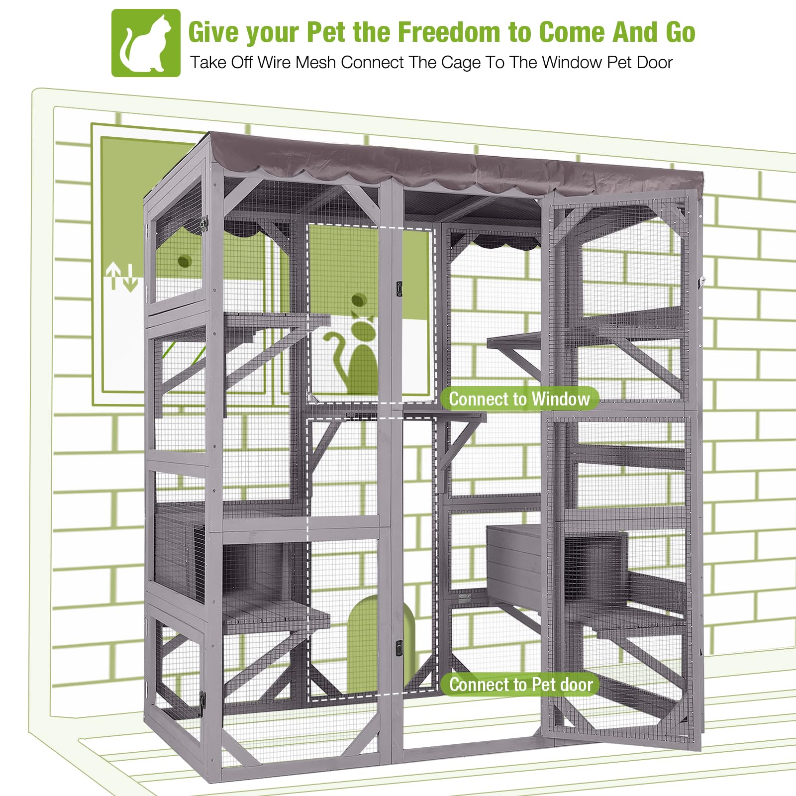 Gutinneen Catio Outdoor Cat Enclosure Large Walk In Window Cat House For Mulitiple Cats With 7 Platforms And 2 Resting Box,Tarp