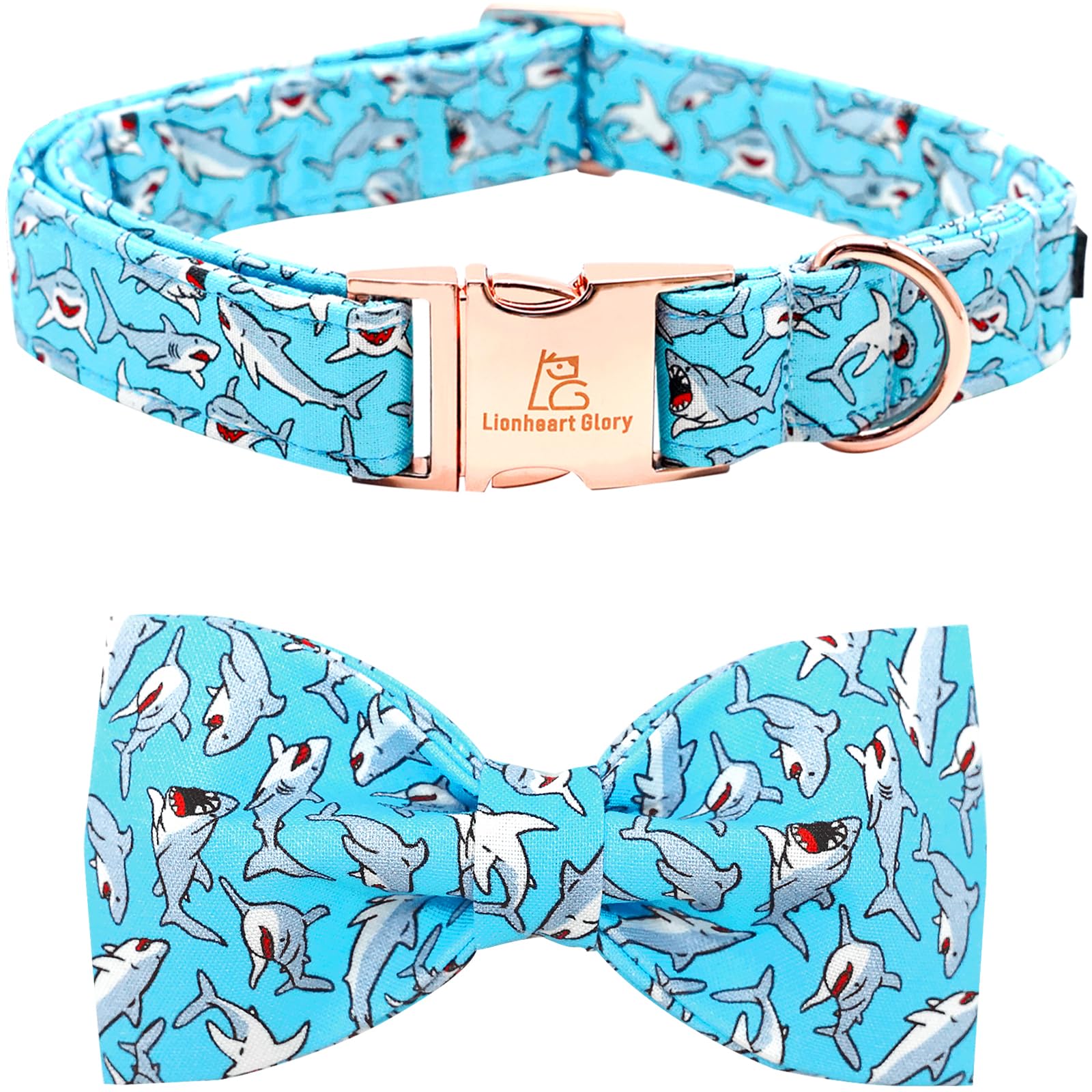 Lionheart glory Dog Collar Bow Collar Blue Dog Collar with Bow Shark Print Collar Dog Boy or Girl Soft Durable Adjustable Dog Co