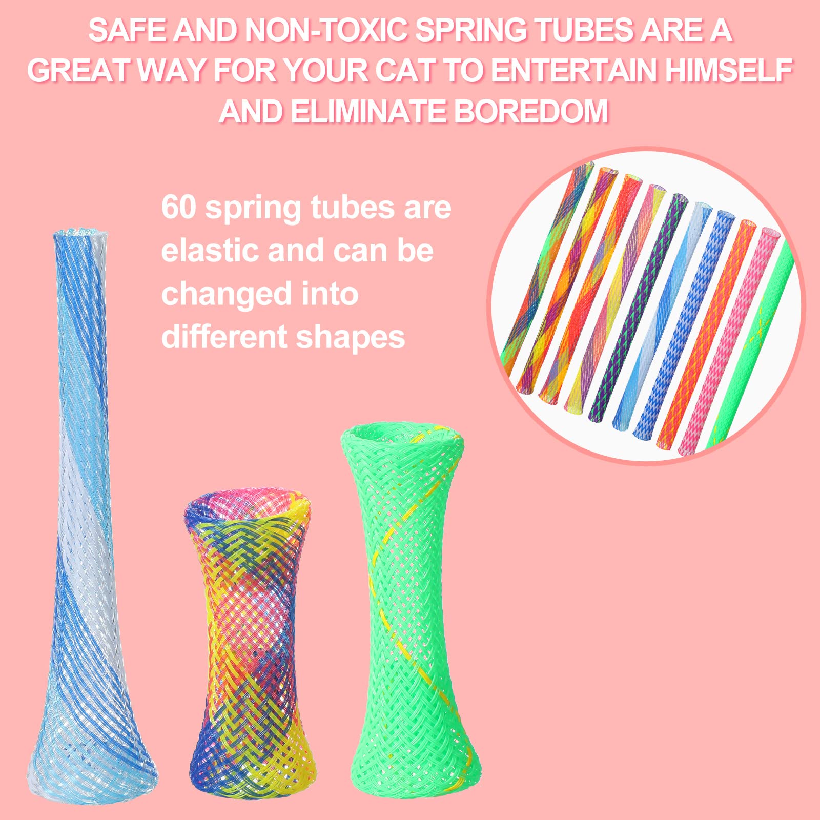 Leitee 60 Pcs Cat Spring Toys Kitten Colorful Fun Tubes Indoor Interactive Cat Tube Plastic Coil for Pet Hunt Scratching, Random