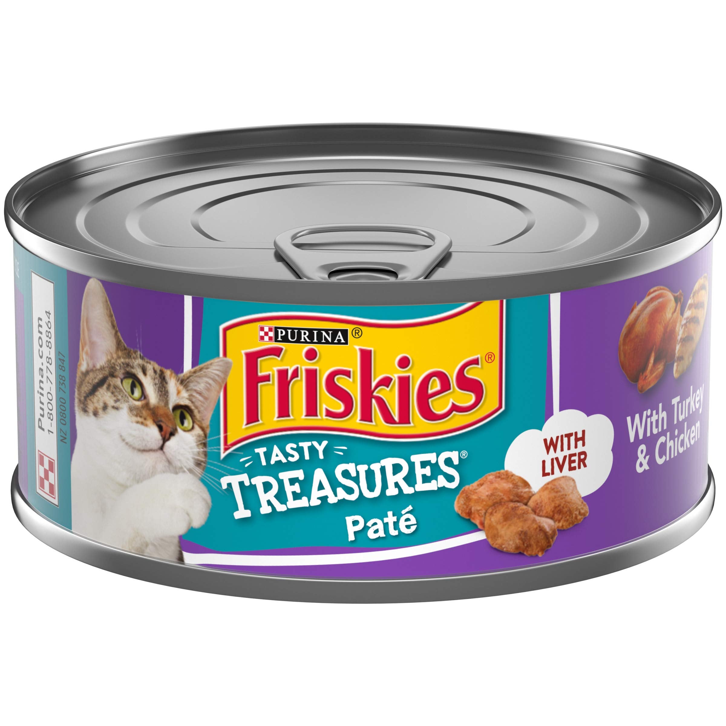 Purina Friskies Wet Cat Food Pate, Tasty Treasures Turkey Chicken Liver, Canned Cat Food Wet, Pack of 24 5.5 oz Cans