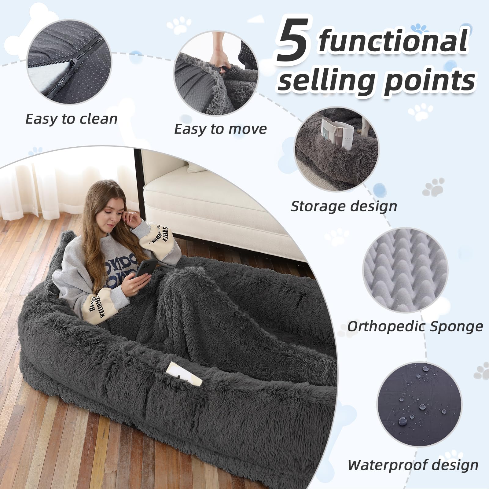Human Dog Bed, 71''X45''X12'' Size Fits You And Pets, Washable Faux Fur Orthopedic Bed, Plump Pillow, Blanket, Strap - Dark Grey