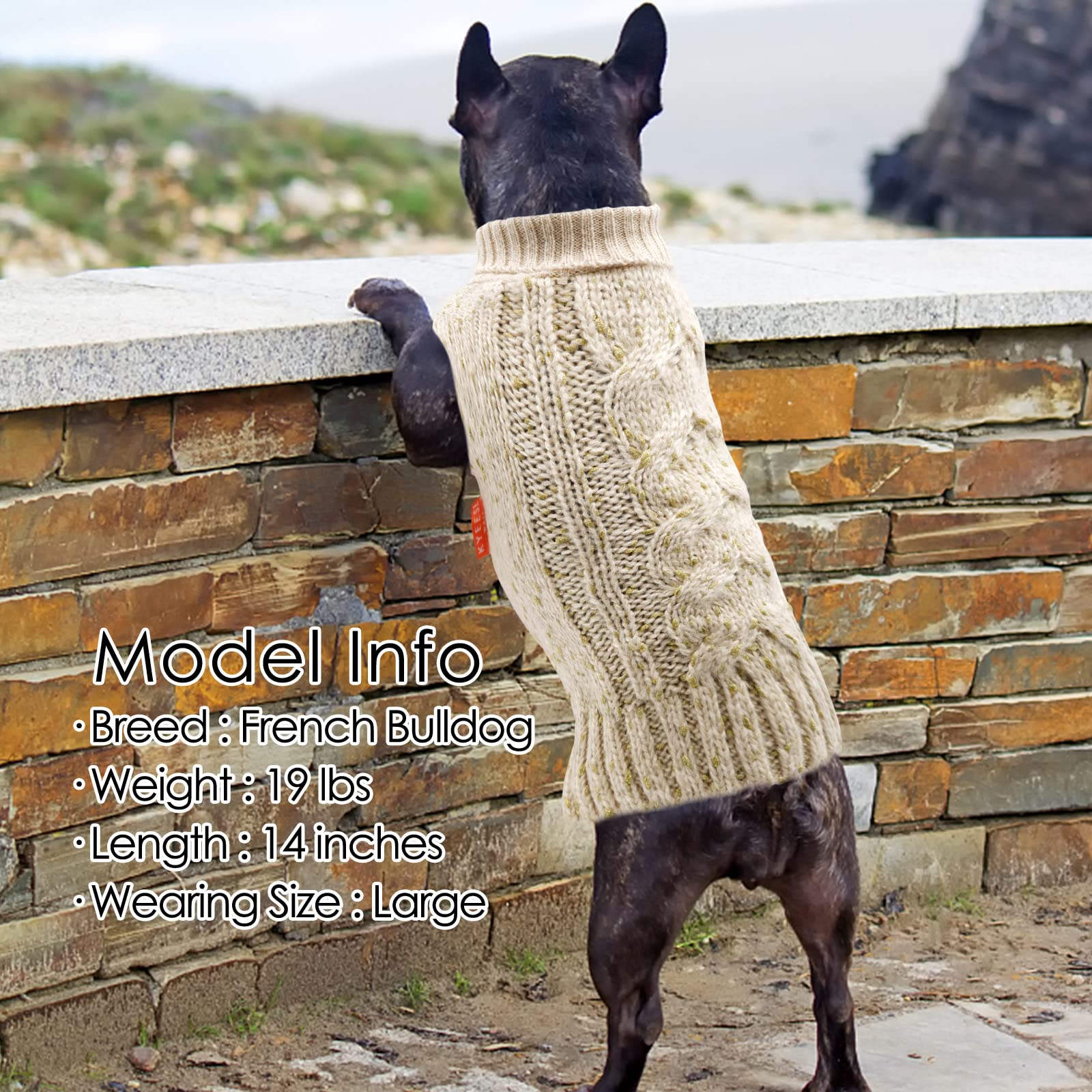 Kyeese Dog Sweater Winter Dog Clothes Pullover Warm Dog Coat Turtleneck Knitwear Sweater With Golden Yarn For Small Dog, Beige, Small