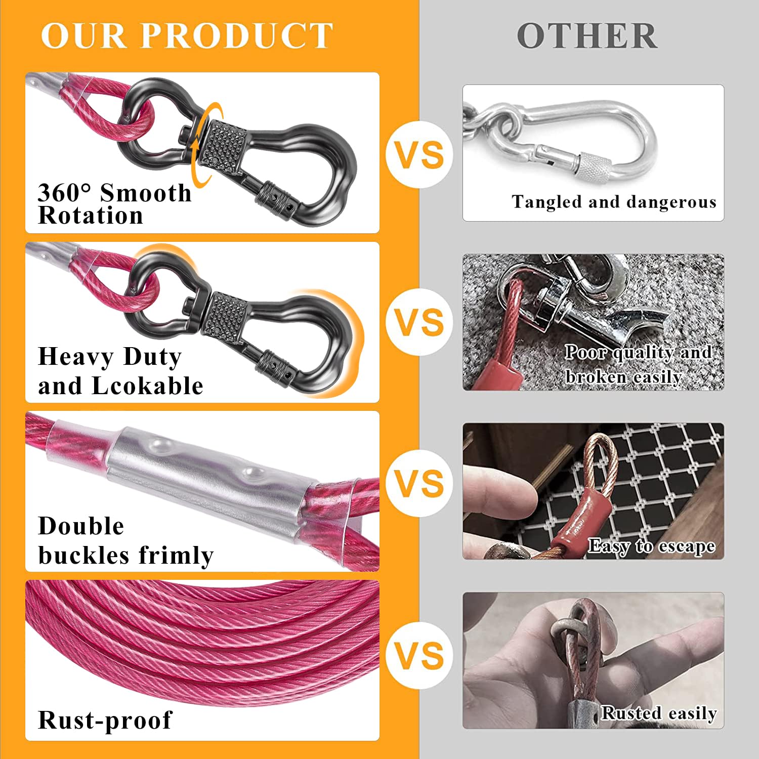 Xiaz Dog Tie Out Cable, 15Ft Dog Lead For Yard, Heavy Duty Chain Line Outside For Small Medium Large Dogs Up To 250 Lbs, Outdoor Dog Runner Tether