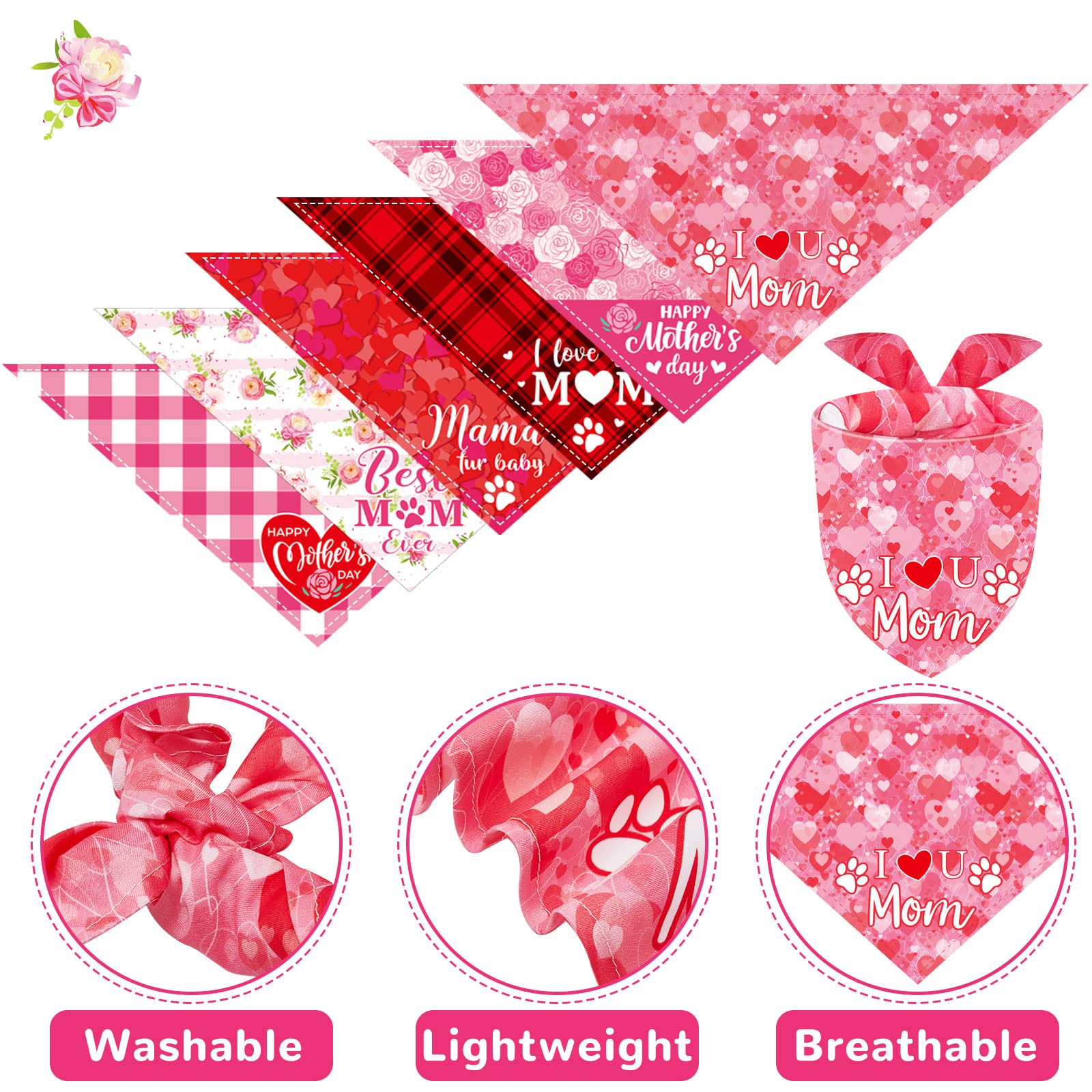 6 Pcs Mother'S Day Dog Bandana Triangle Plaid Heart Bandanas I Love Mom Bib Flower Print Pet Scarf Accessories For Dogs Cats Pet