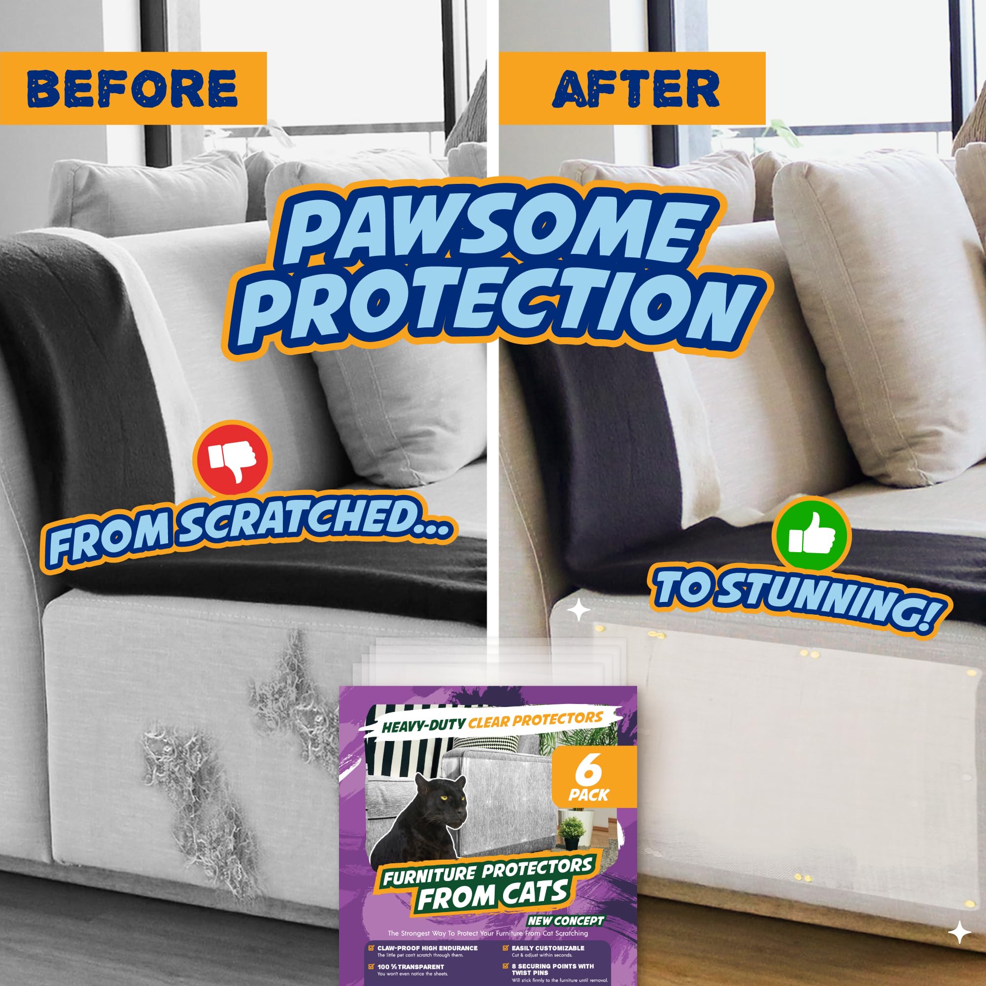Panther Armor 6-Pack Clear Plastic Furniture Protector Sheets - Anti-Scratch Couch Corner Protectors for Cats - Model PantherVinyl6