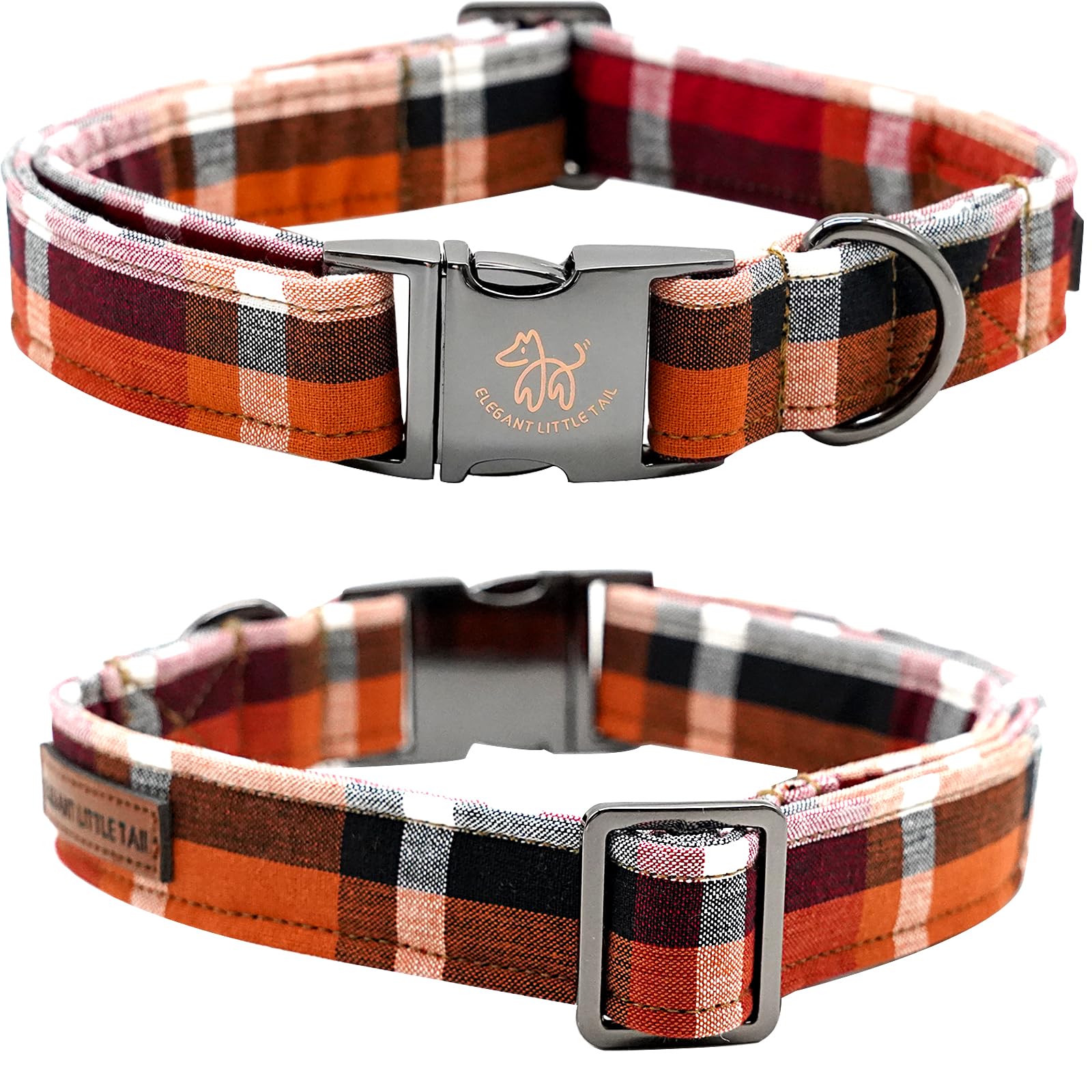 Elegant Little Tail Orange Plaid Cotton Dog Collar With Metal Buckle For X-Small Puppy