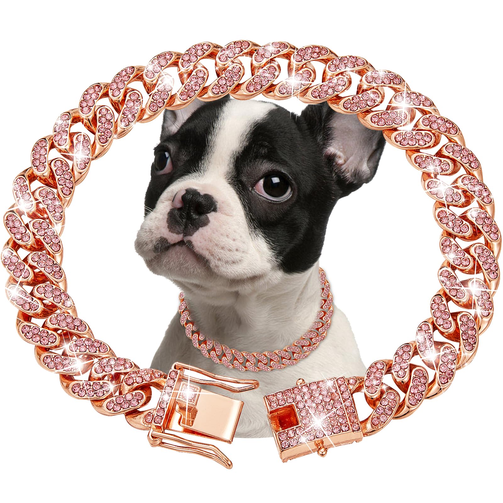 Rosegold Dog Chain Collar Diamond Cuban Link Dog Collar 13Mm Wide Dog Necklace Metal Cat Chain Pet Crystal Collar Jewelry Access