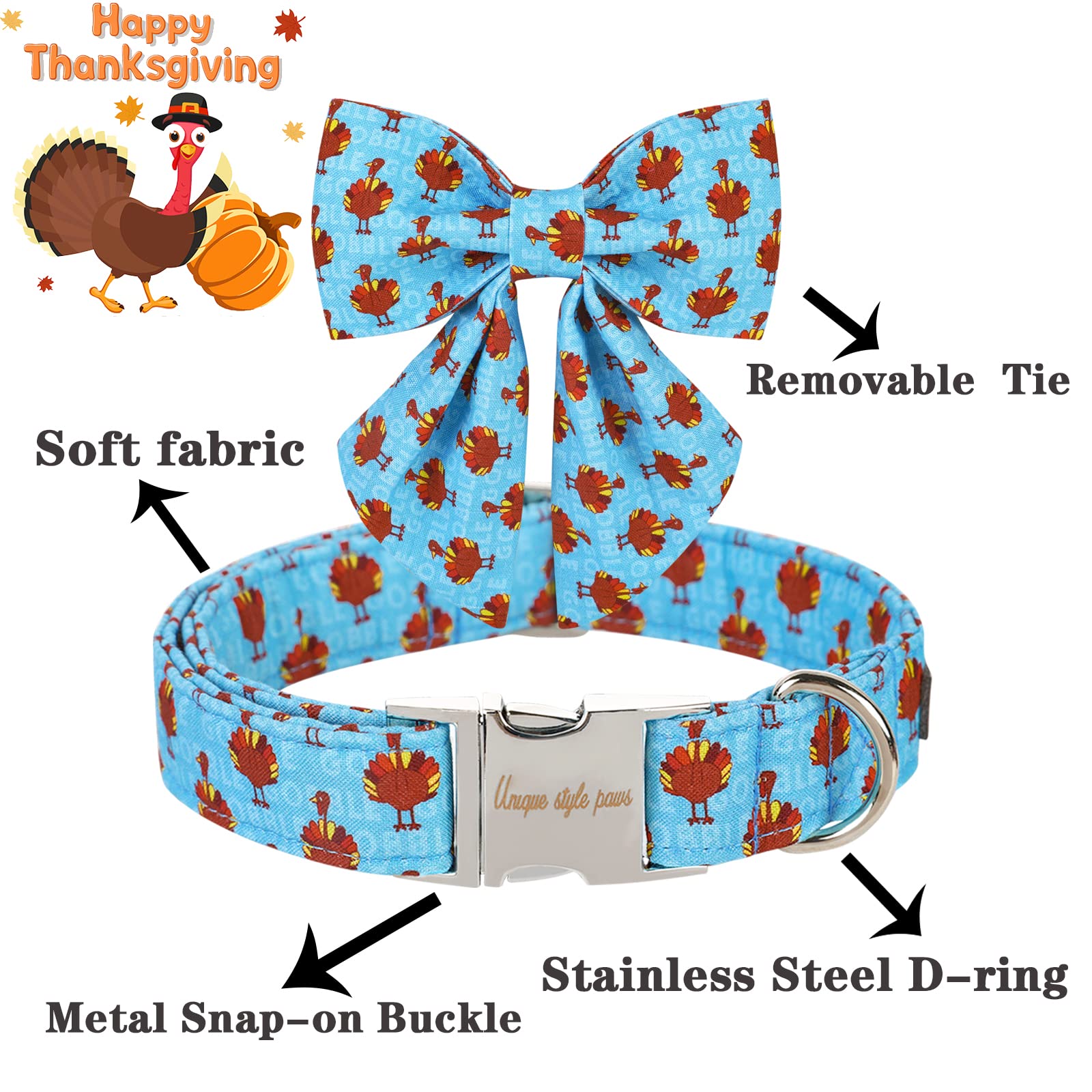 Unique Style Paws Thanksgiving Dog Collar With Bow Tie Blue Turkey Puppy Collar For Small Medium Large Dogs As Autumn Winter Pet