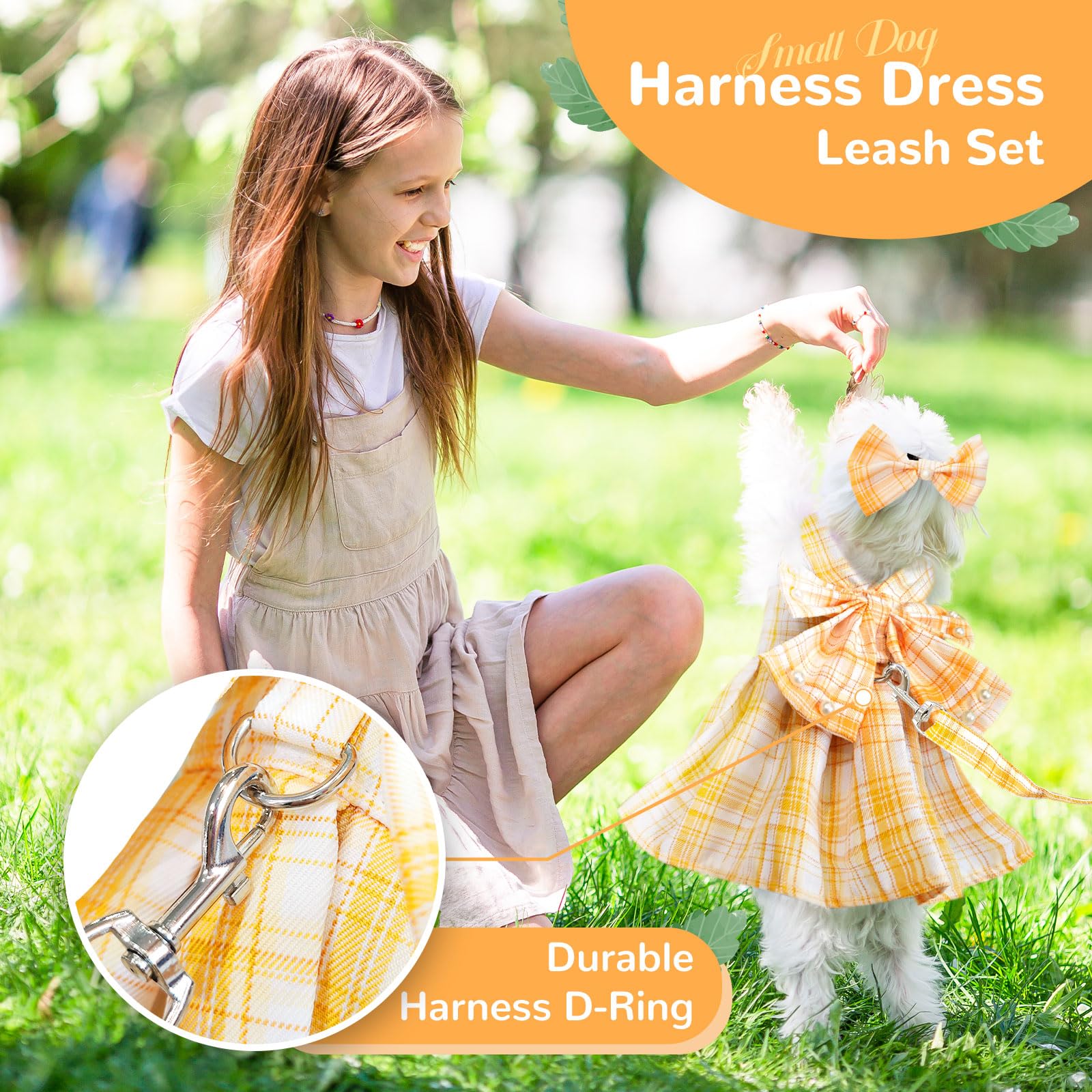 Petcare Cute Dog Dress Clothes For Small Dogs Cats Girl Female Yellow Plaid Bow Tie Dog Harness Dresses Leash Set With Pearls Bo