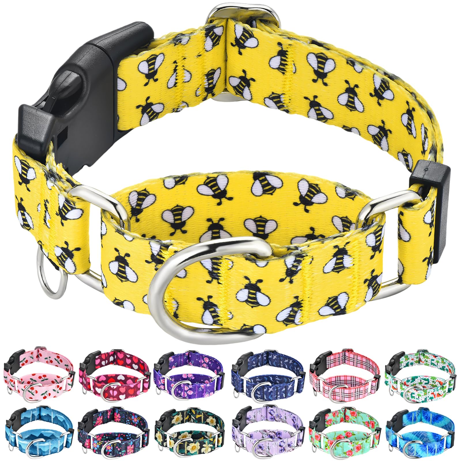 Fidohug Martingale Dog Collar With Buckle Yellow Bee Dog Collar Adjustable Cute Design Patterns (Bee, Small)