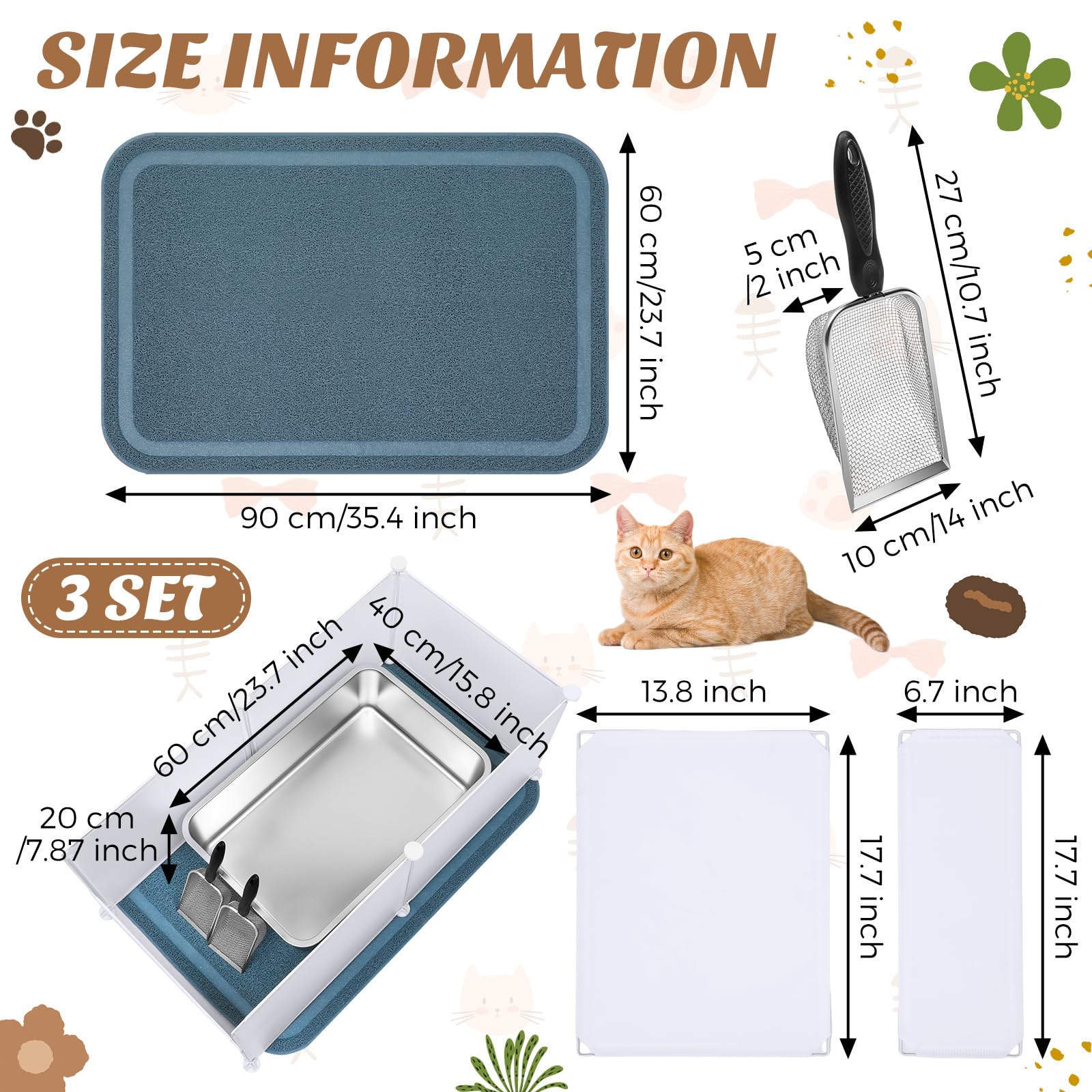Tioncy 3 Sets Extra Large Stainless Steel Cat Litter Box 23.6 x 15.7 x 8 Inch Include Metal Trash Pan Mats Splash Guard High Sid