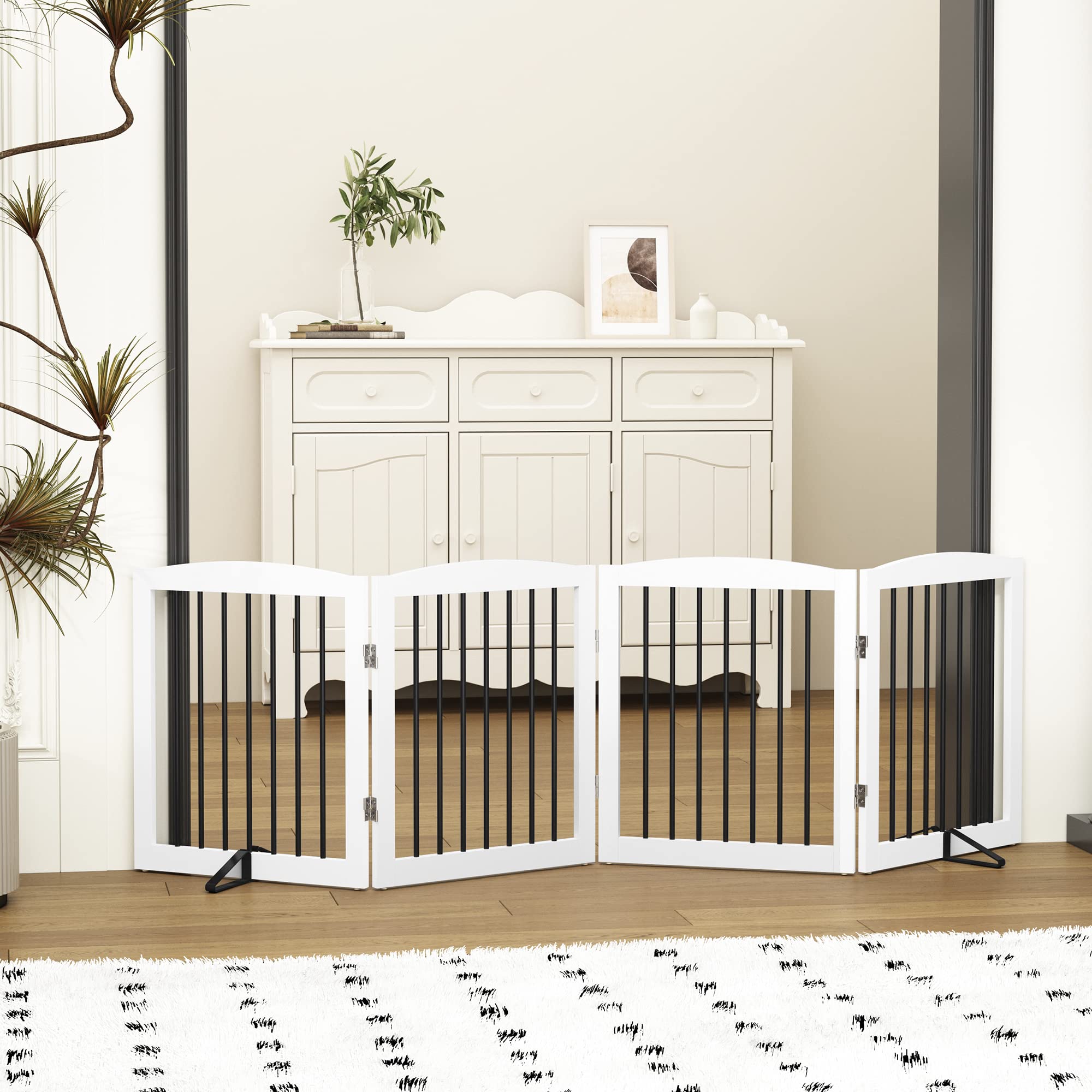 PUPETPO Freestanding Pet Gate for Dogs, Foldable Wooden Dog Gate for House, Indoor Dog Gate for Stair, Doorway, Gates for Dogs I