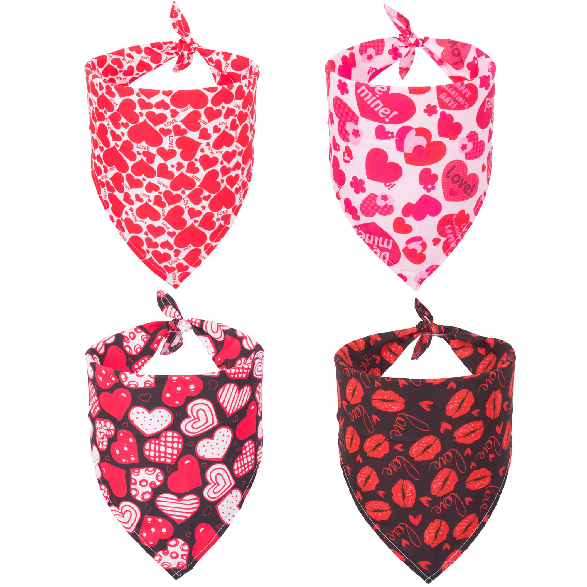 ADOGGYGO 4 Pack Valentine Dog Bandana Triangle Pet Scarf Red Pink Heart Pattern Valentine Bandanas for Small Dogs Pets (Small)