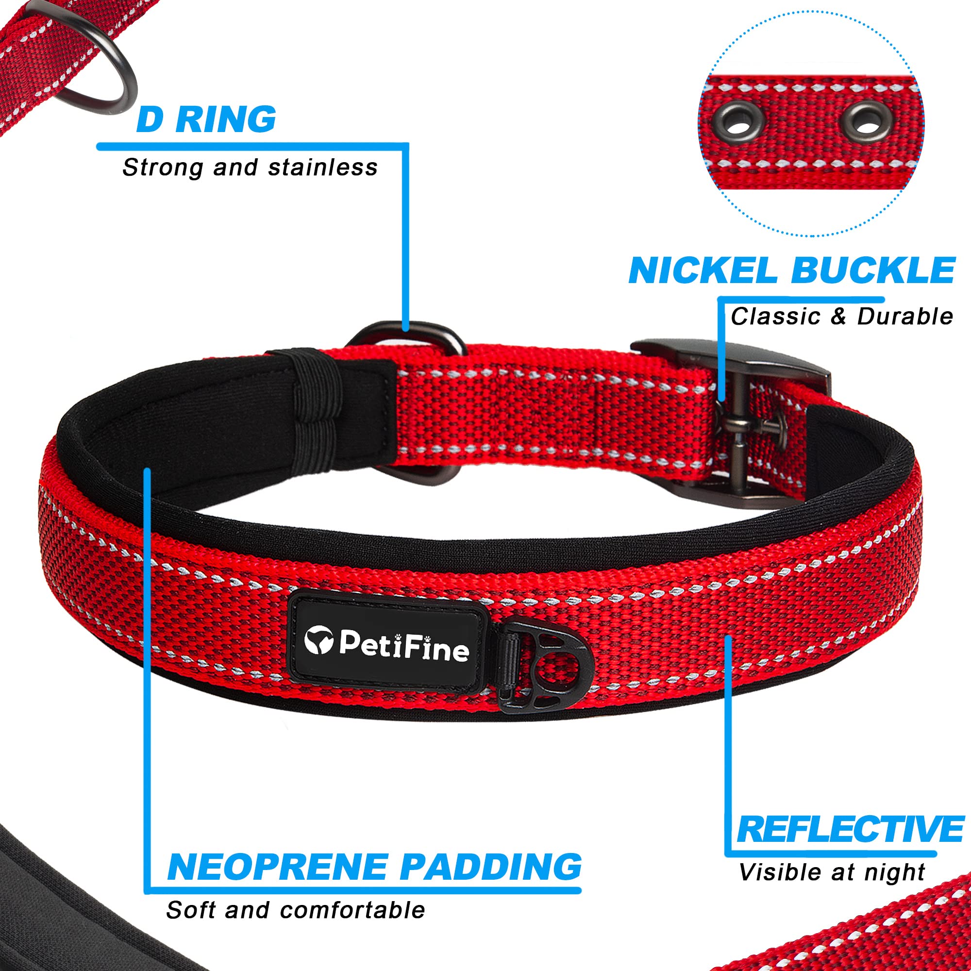 PetiFine Heavy Duty Dog Collar, Soft Neoprene Padded, Adjustable Reflective Nylon, Small (11"-14.5"), Red
