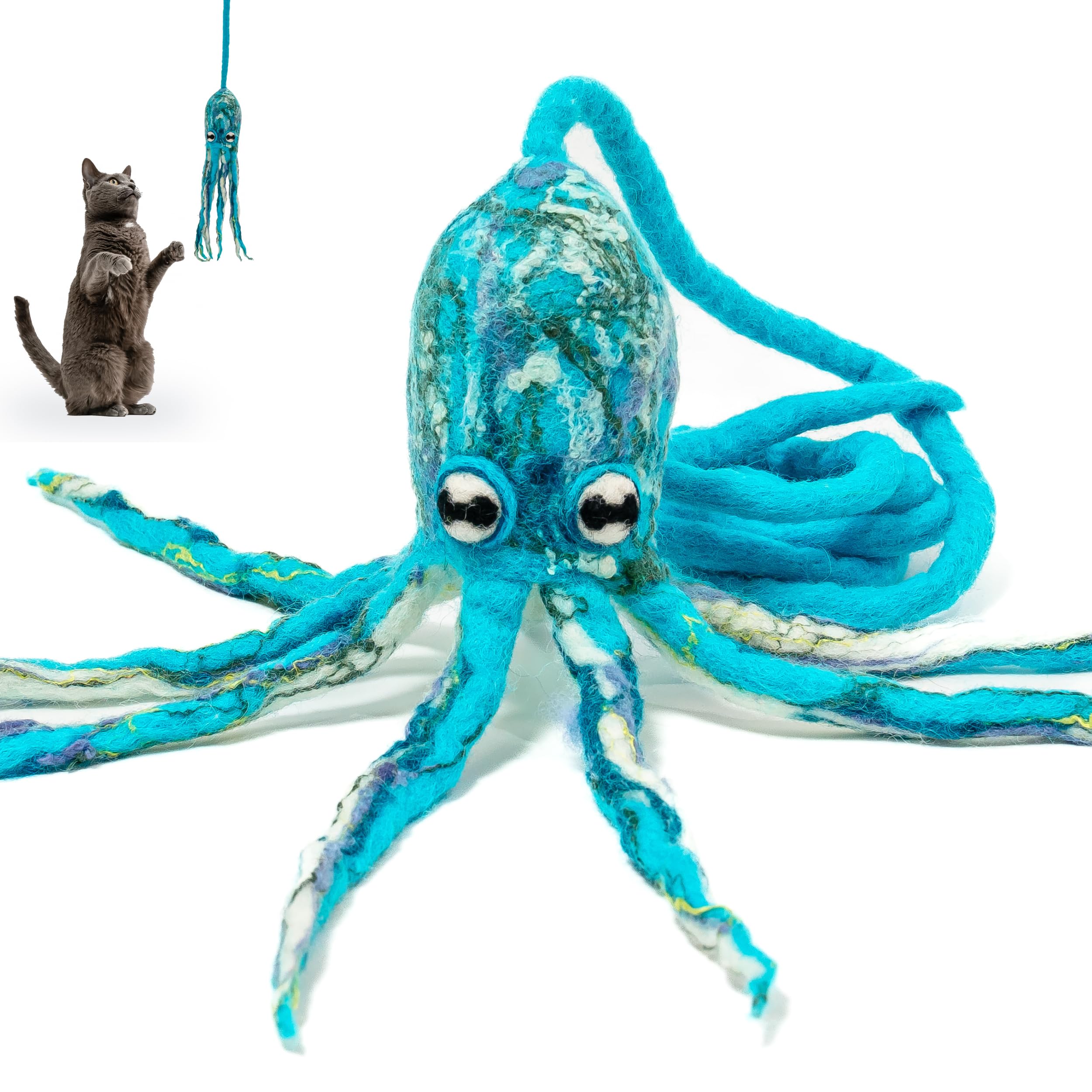 Cat in the Box Ink Floyd Wool Octopus Toy with a 4-Foot Tether for Indoor Cats and Kittens. Kicker Teaser Wand String Plush for 