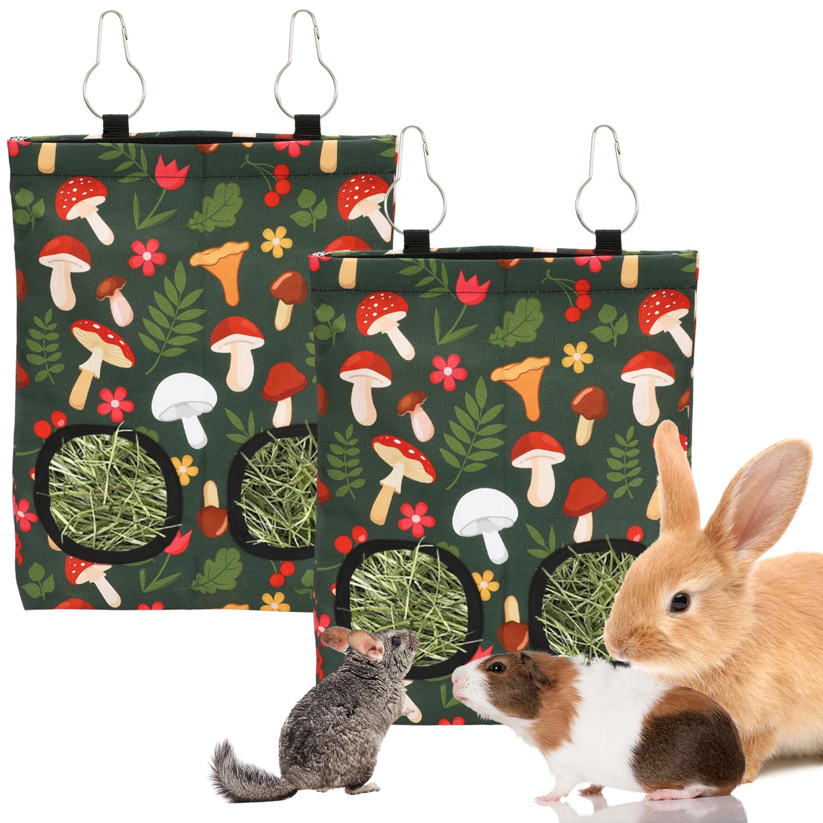 Jarthenaamcs 2Pcs Rabbit Hay Feeder Bag With 2 Holes 11.5 X 9 Inch Mushroom Guinea Pig Hanging Hay Feeding Bag Storage Dispenser