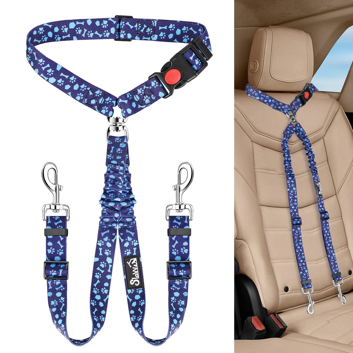 Lukovee Double Dog Seat Belt, New Dual Pet Car Headrest Restraint Safety Seatbelt No Tangle Dog Leash Duty Adjust Elastic Bungee Puppy Lead Splitter Connect Harness In Vehicle Travel For 2 Dogs ( Bl )