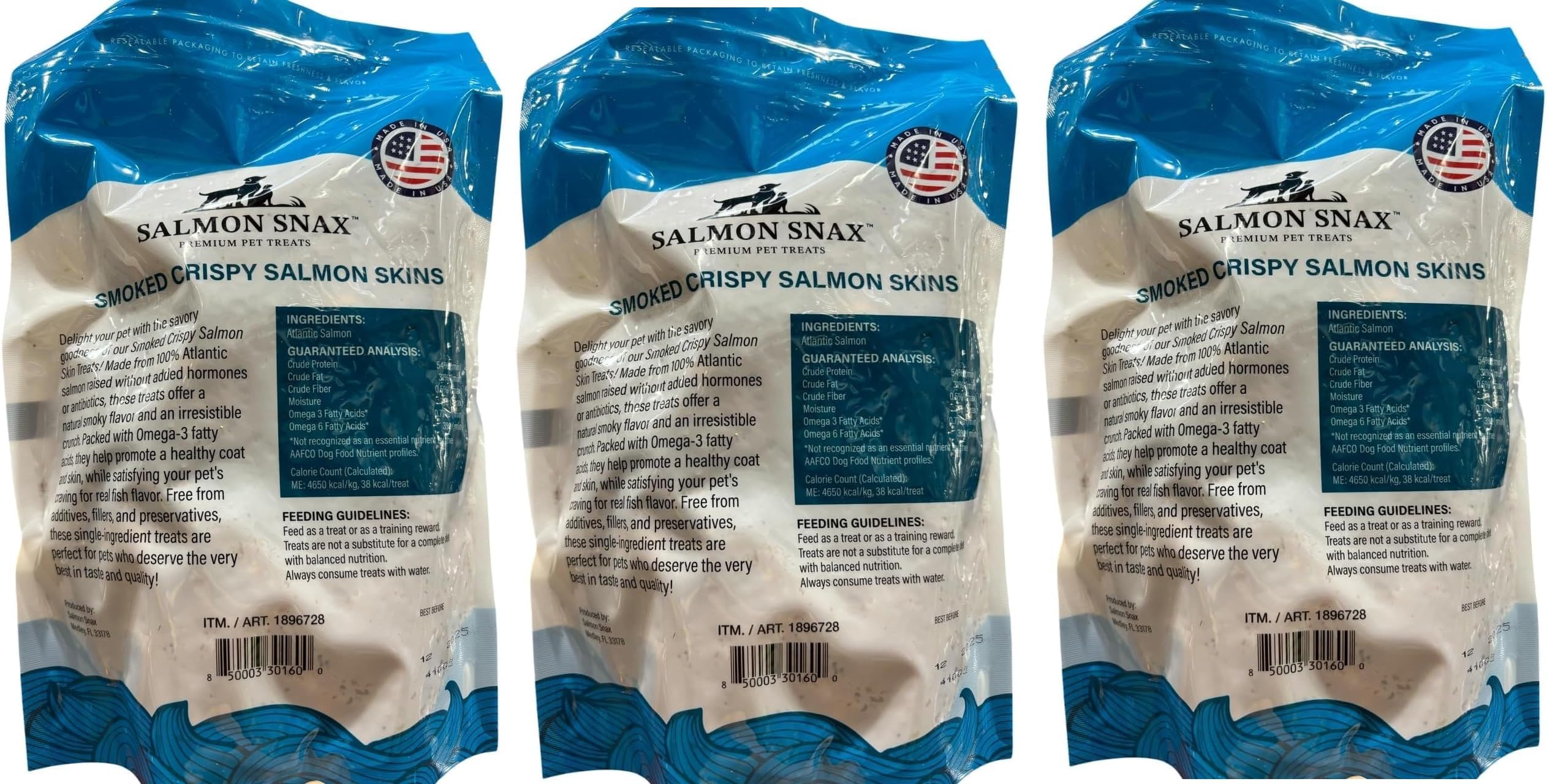 (Pack of 3) Premium Dogs/Cats Treats (Salmon Snaxx) - Smoked Crispy Salmon Skins Net Weight 12oz / 340 g