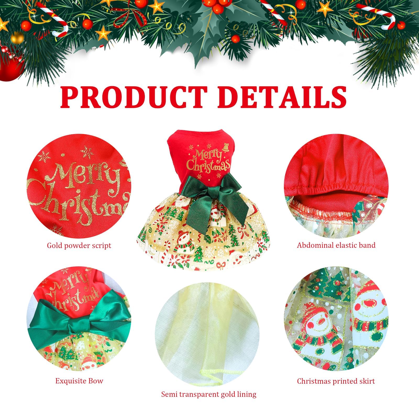 Christmas Dog Dress, Xmas Dog Dress Tulle Puppy Skirt Doggie Christmas Outfit Holiday Clothes For Small Dogs, Cat Pet Apparel (M