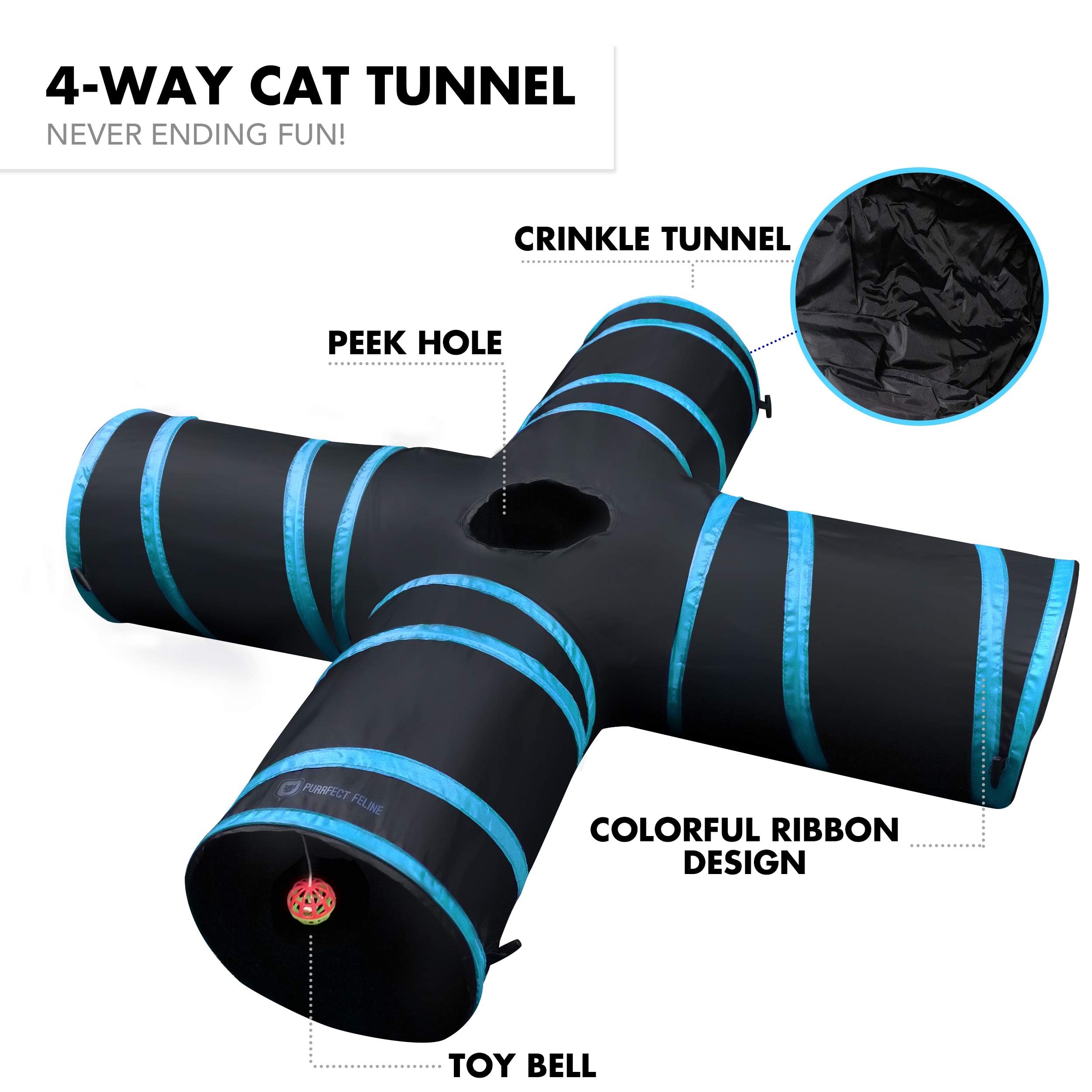 Purrfect Feline - 4 Way Cat Tunnel And Crinkle Cat Toy - Interactive Cat Toy With Cat Ball - Cat Supplies For Indoor Cats - Suitable For Ferrets, Rabbits Or Small Dogs - Light Blue - L
