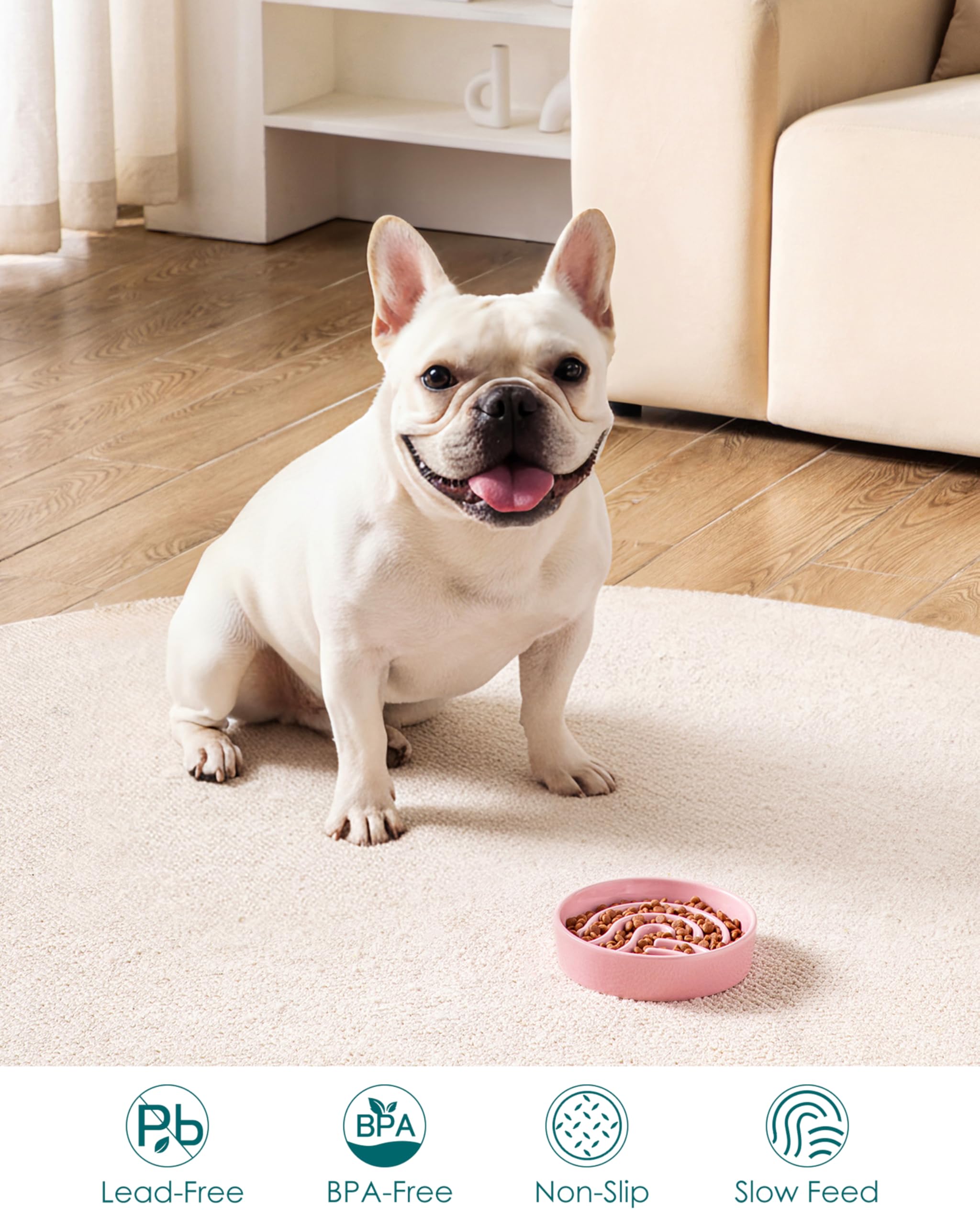 vancasso Slow Feeder Dog Bowl, 0.6 Cup Ceramic Slow Feeding Food Dish for Small Breed, Puzzle Dog Food Bowl for Fast Eater, Pink