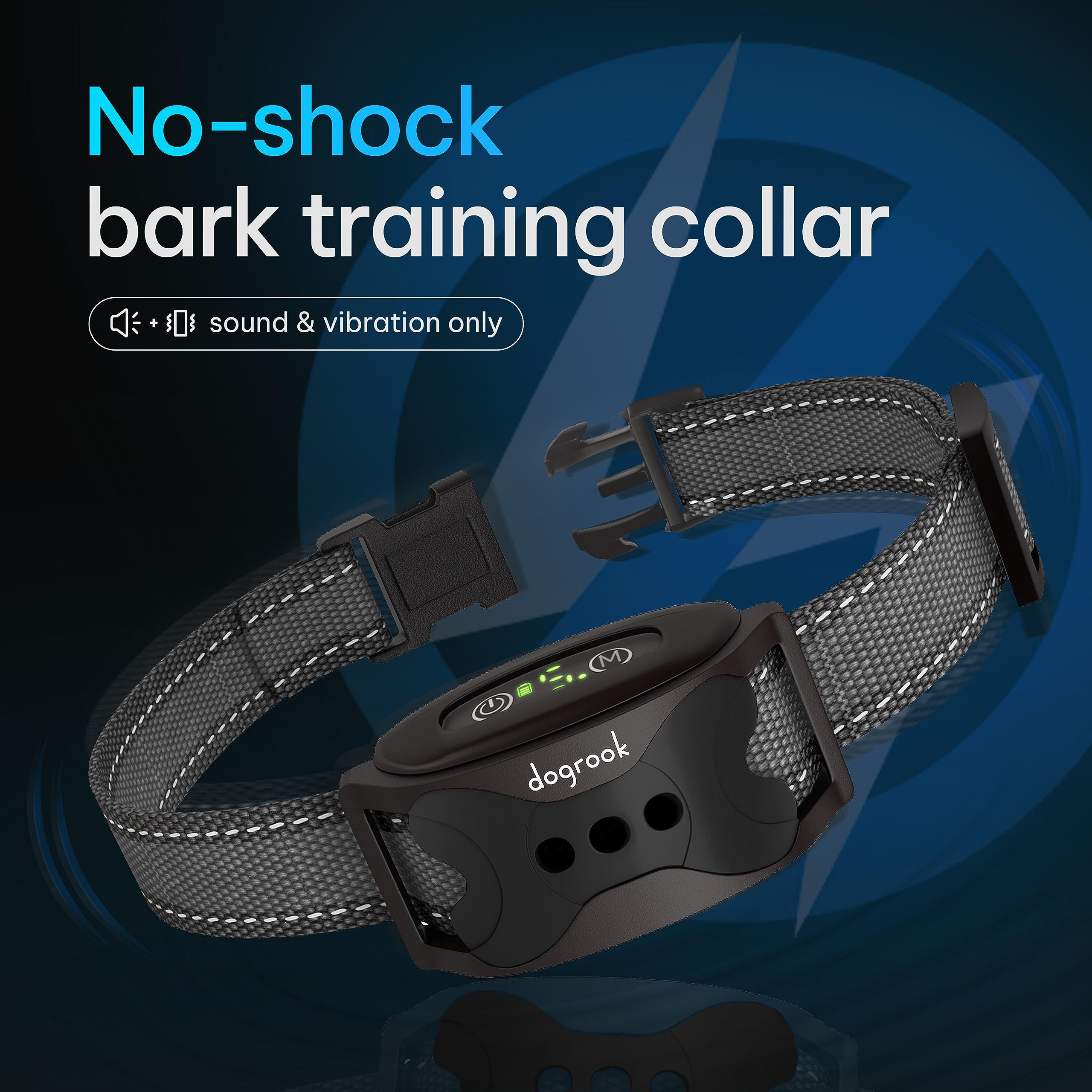 DogRook Rechargeable No Shock Dog Bark Collar - Beep & Vibration Training for Large, Medium & Small Dogs - 12-110 lbs, Black