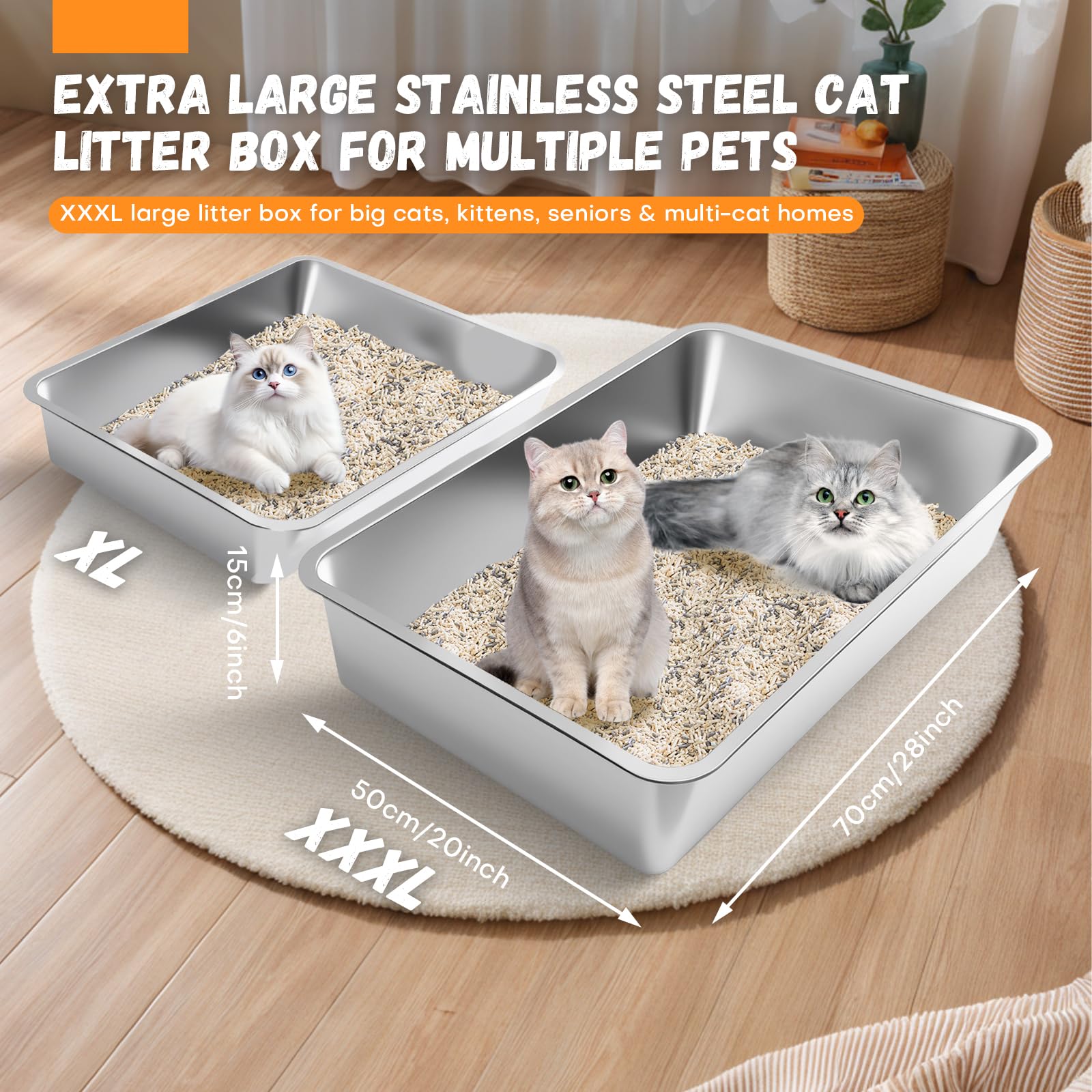 Homegroove Extra Large Stainless Steel Litter Box, 28x20x6 XXXL Metal Cat Litter Box for Big Cats with High Sides, Cat Litter Pa