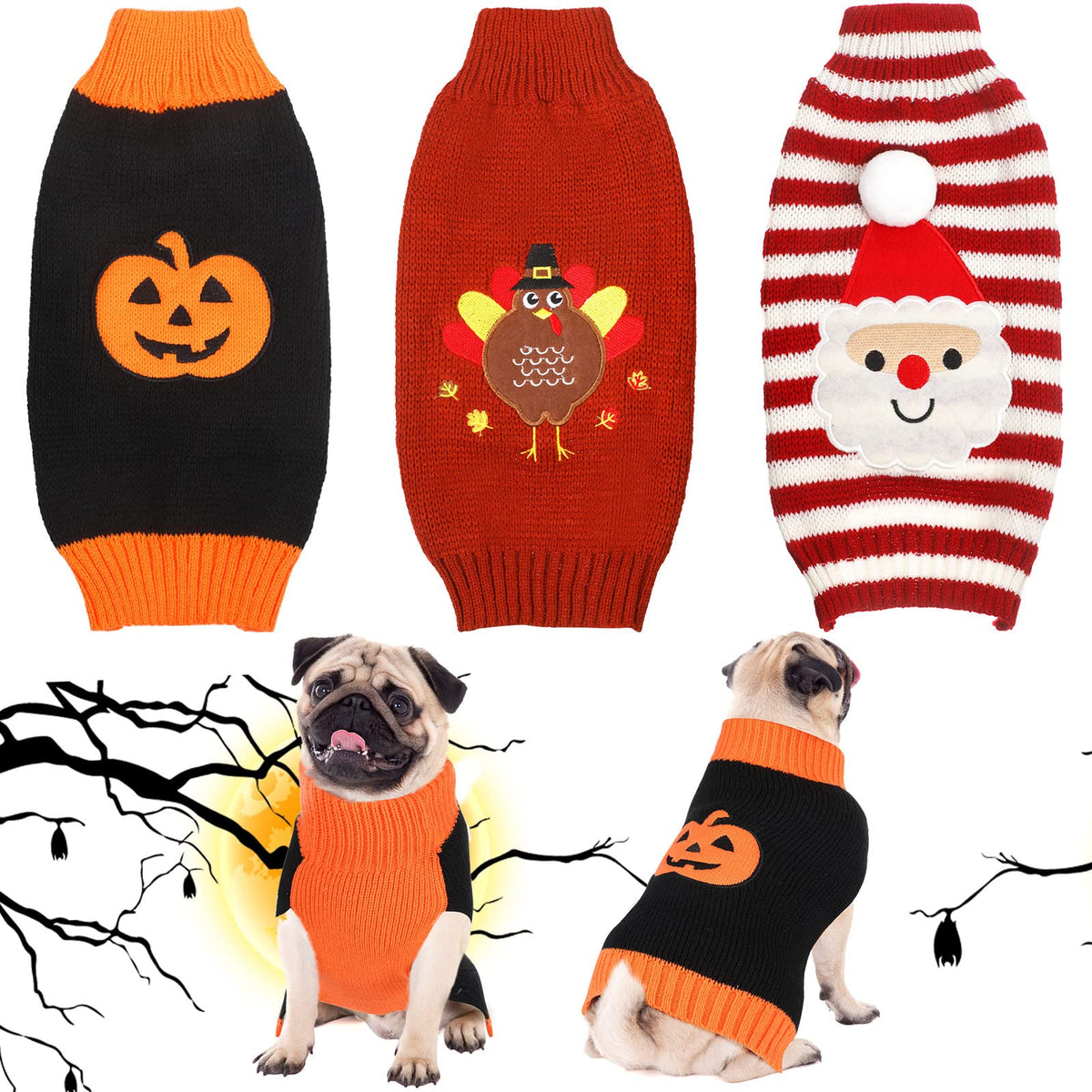 3 Pieces Halloween Thanksgiving Christmas Dog Sweaters Sets Pumpkin Turkey Santa Puppy Dog Clothes Pet Knitwear For Dog Cat Pet Costume, Small