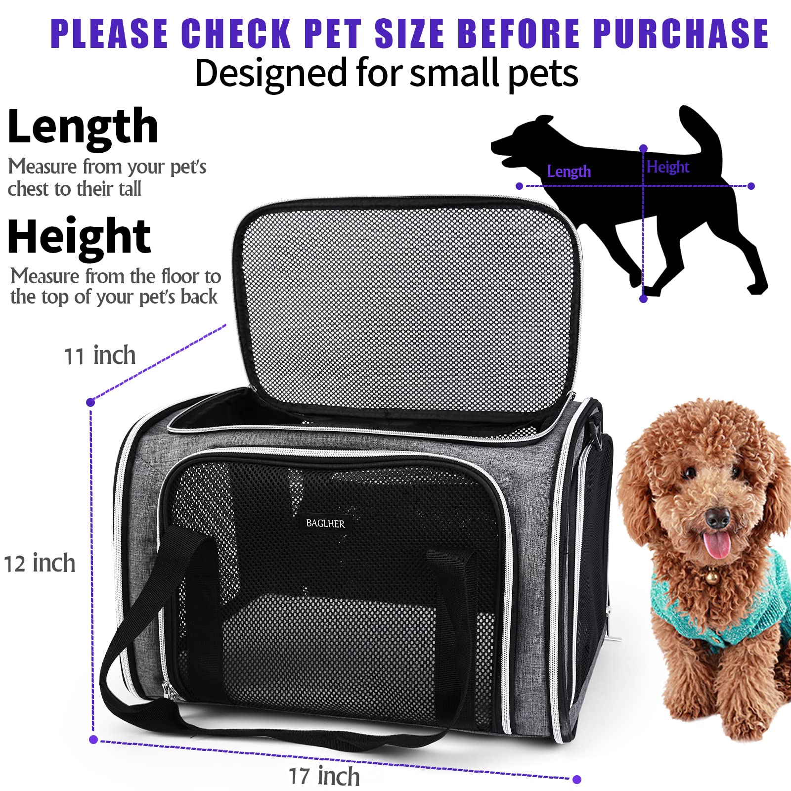 Baglher Pet Travel Carrier, Cat Carriers Dog Carrier For Small Medium Cats Dogs Puppies, Airline Approved Small Dog Carrier Soft