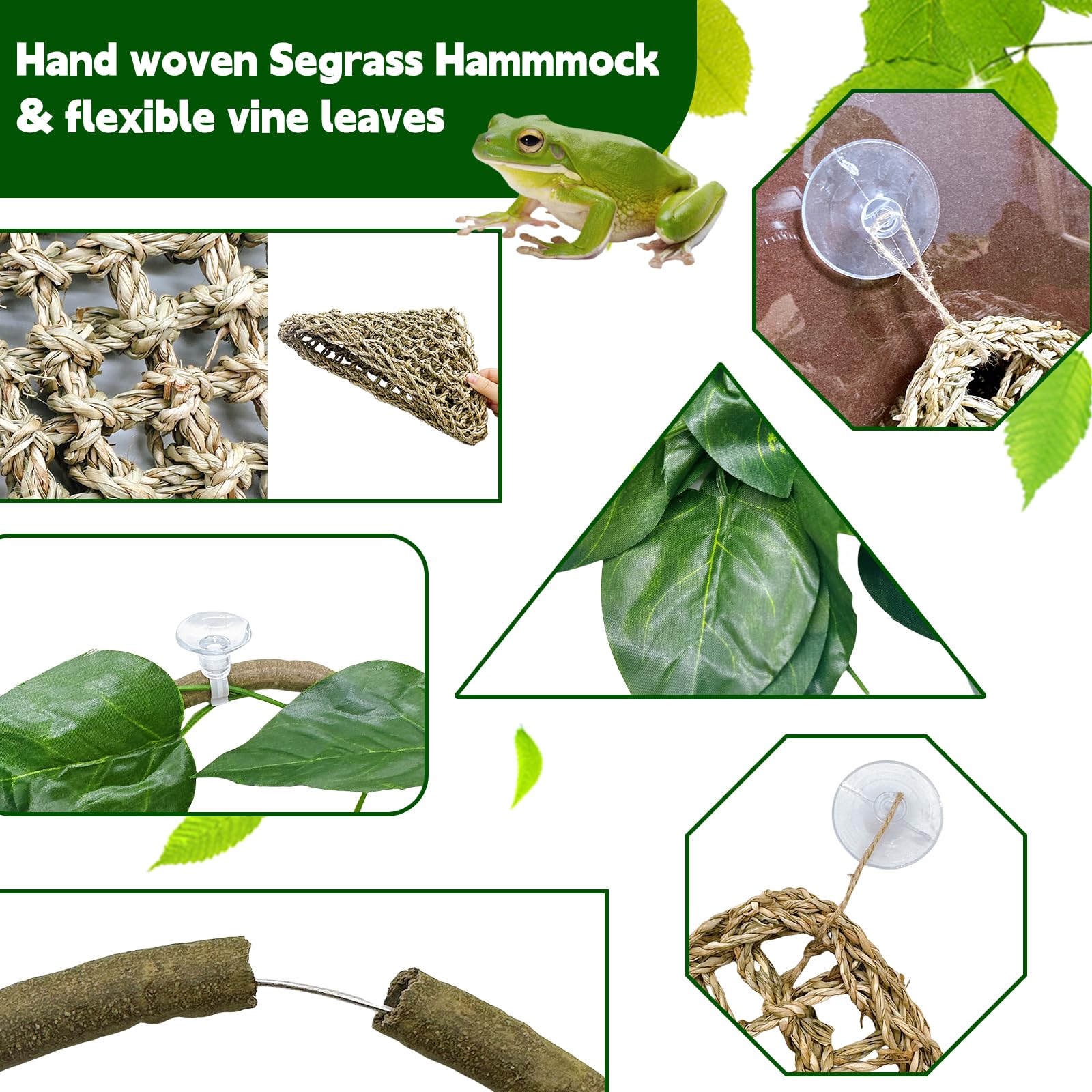 6Pcs Bearded Dragon Hammock Lizard Natural Seagrass Hammock Reptile Jungle Climbing Vines And Leaves With Suction Cups Habitat Décor Tank Accessories For Hiding& Climbing Snake Gecko Bird Chameleon