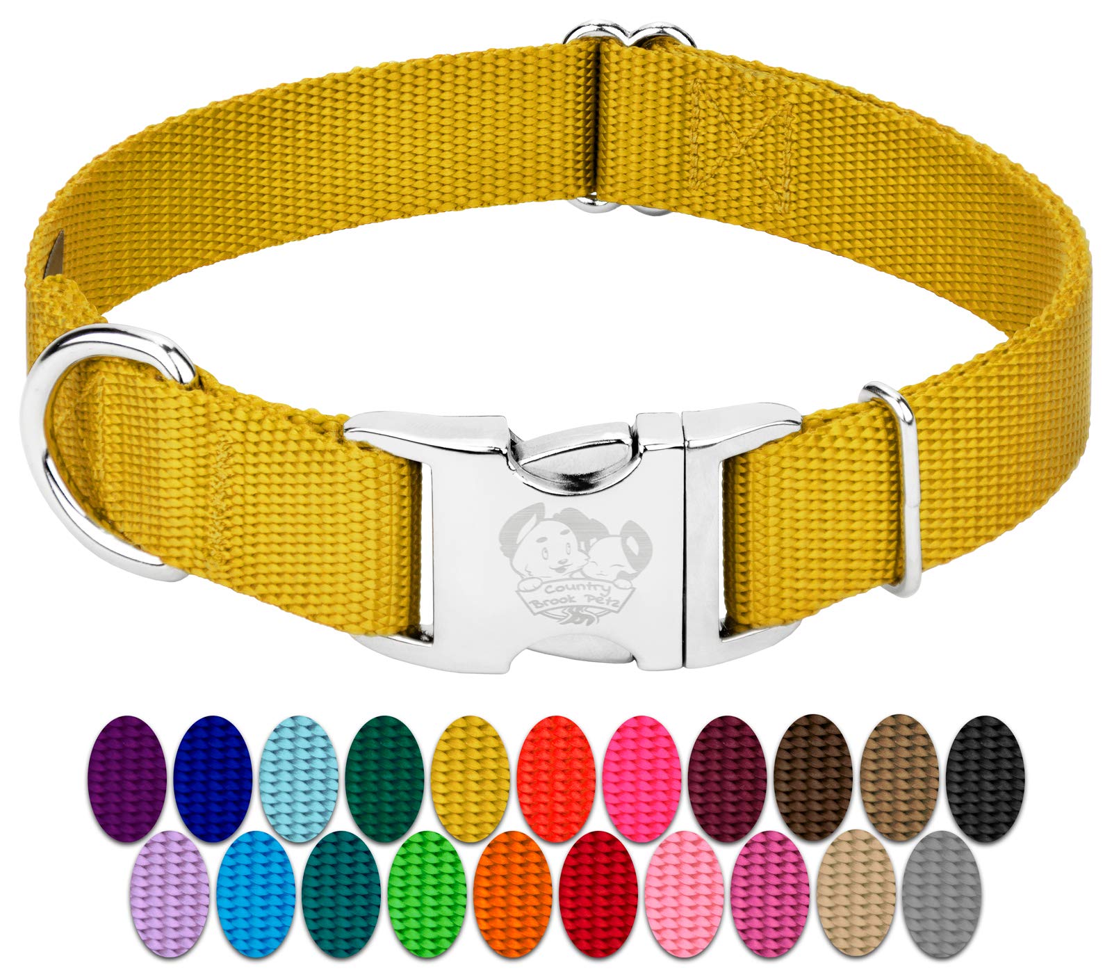 Country Brook Design - Vibrant 30+ Color Selection - Premium Nylon Dog Collar With Metal Buckle (Small, 3/4 Inch, Gold)