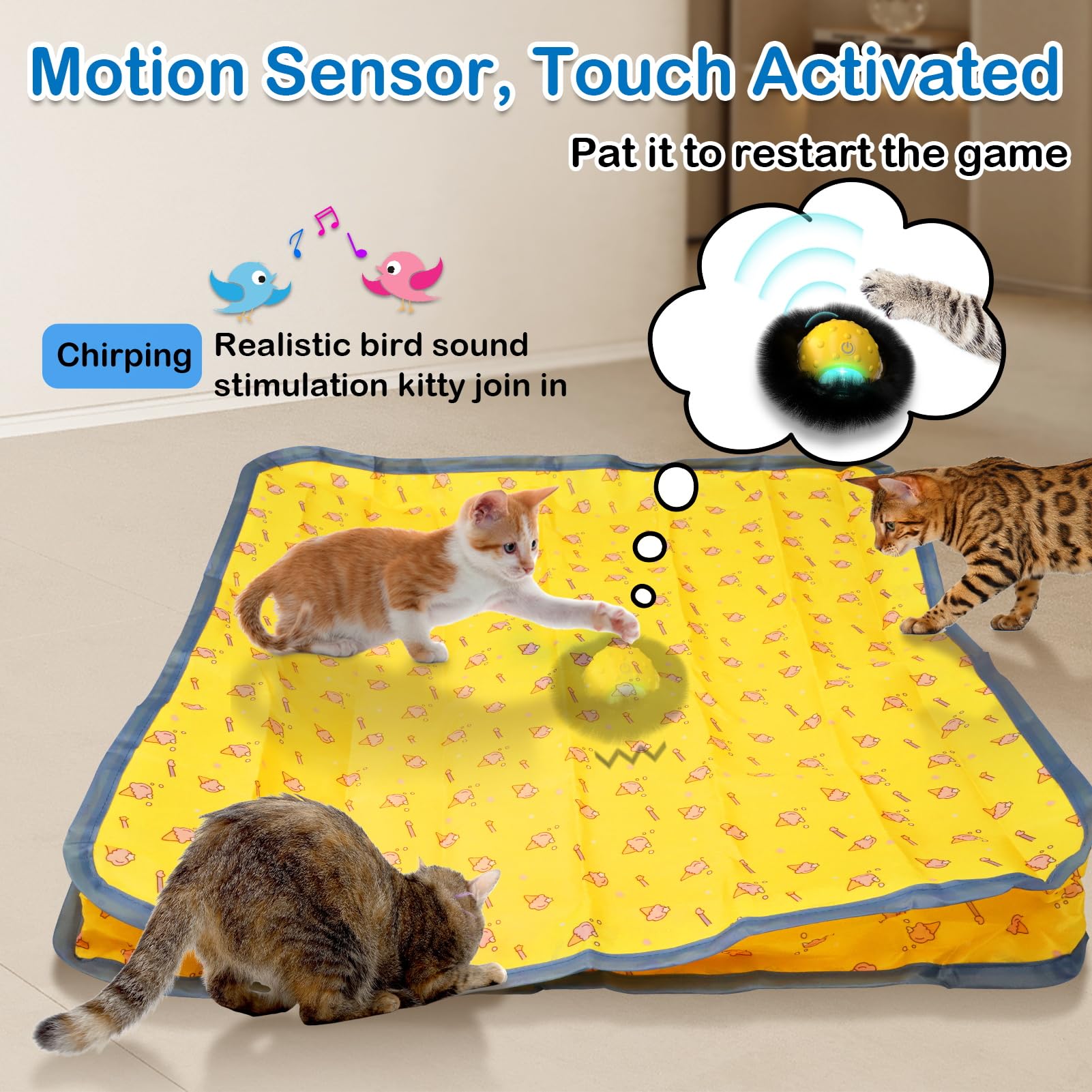 Waaiio Interactive Cat Toys For Indoor Cats,Self Rolling Cat Ball In Play Mat,Automatic Motion Activated Moving Toy Hide And See